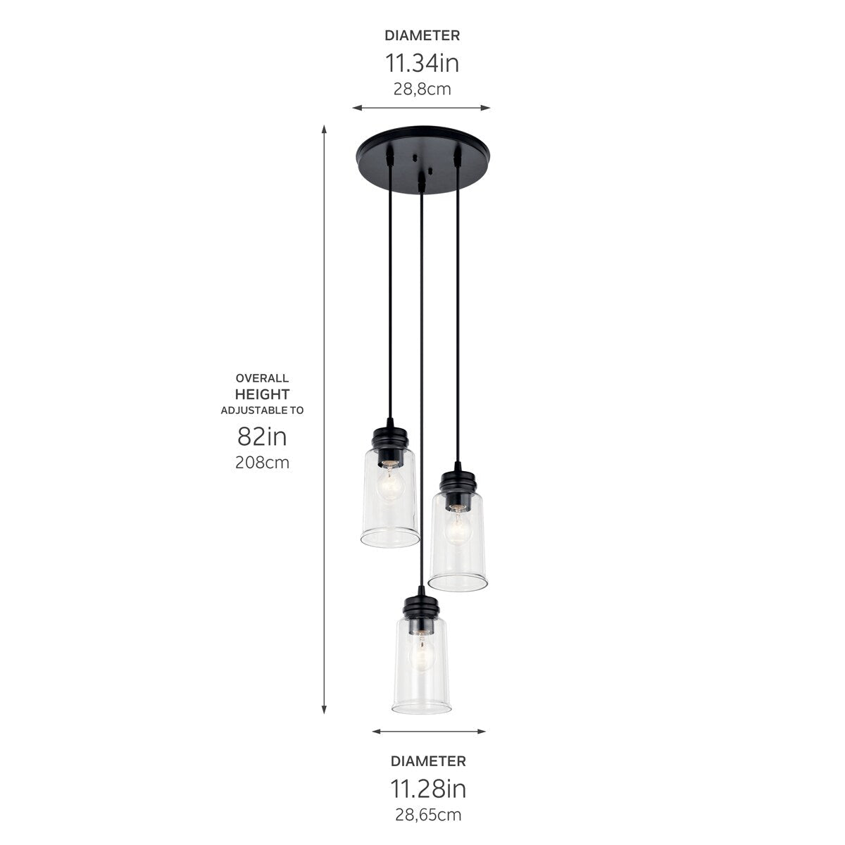 Kichler Jaylen 3-Light Black Farmhouse Clear Glass Cylinder Medium Hanging Pendant Light