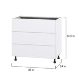 Hugo&Borg Lasalle 36-in W x 34.5-in H x 24-in D Bright White Slab 3-Drawer Base Fully Assembled Cabinet (Flat Panel Style)
