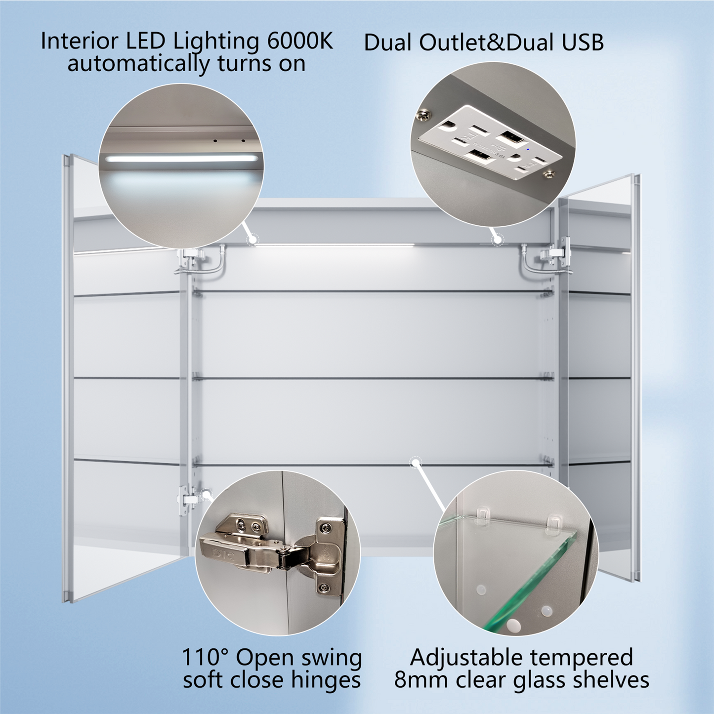 ExBrite 32-in x 30-in Lighted LED Fog Free Surface/Recessed Mount Silver Mirrored Soft Close Medicine Cabinet with Outlet