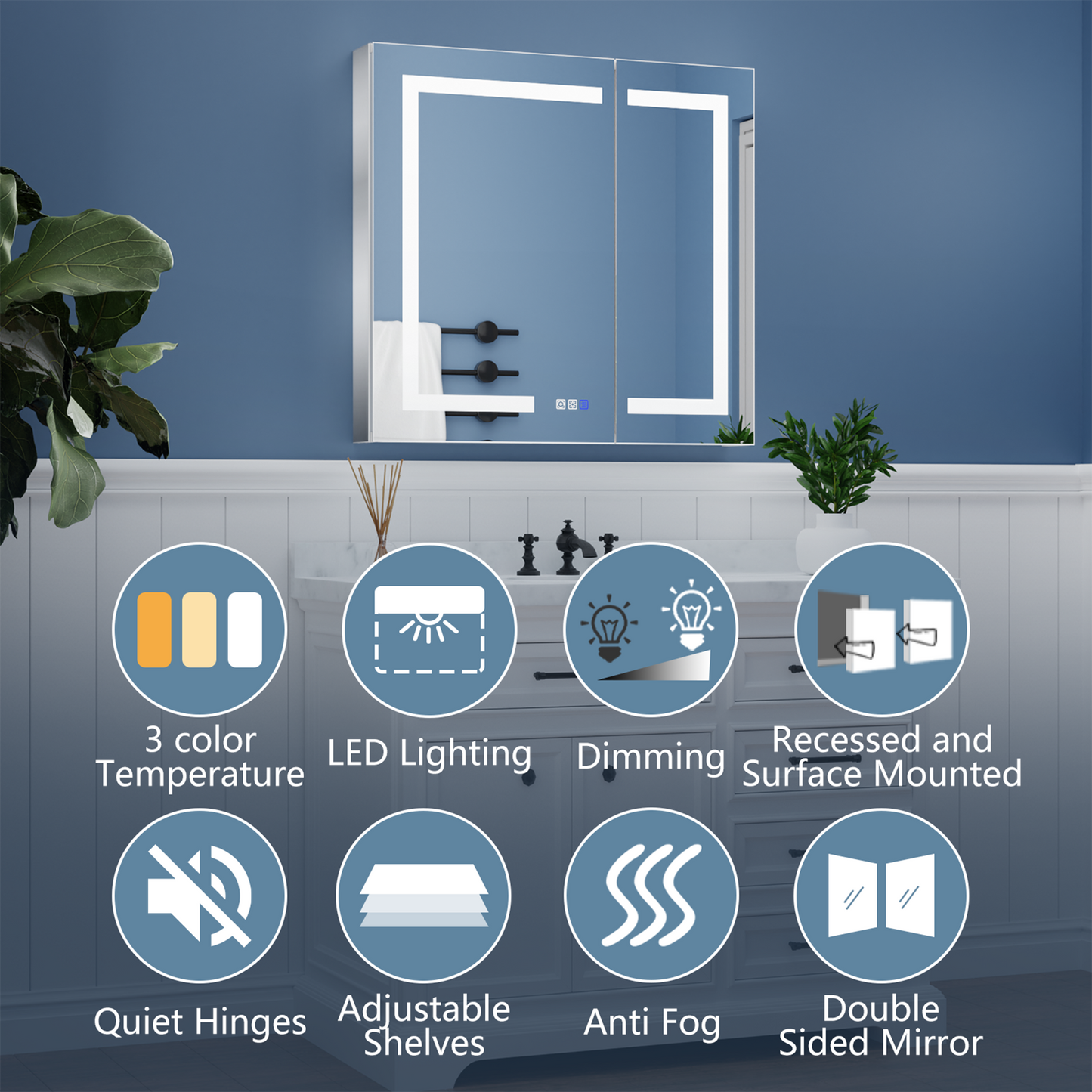 ExBrite 32-in x 30-in Lighted LED Fog Free Surface/Recessed Mount Silver Mirrored Soft Close Medicine Cabinet with Outlet
