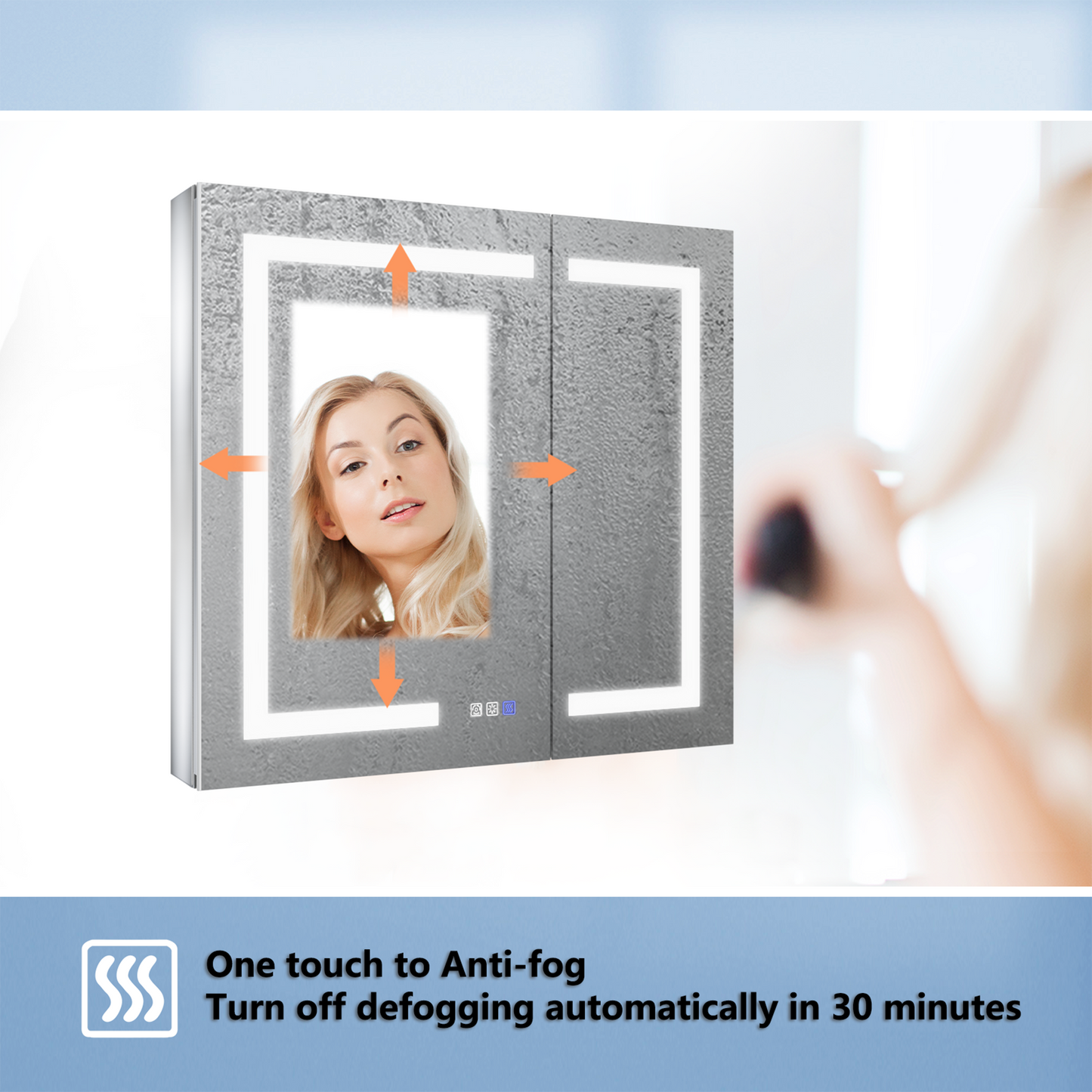 ExBrite 32-in x 30-in Lighted LED Fog Free Surface/Recessed Mount Silver Mirrored Soft Close Medicine Cabinet with Outlet