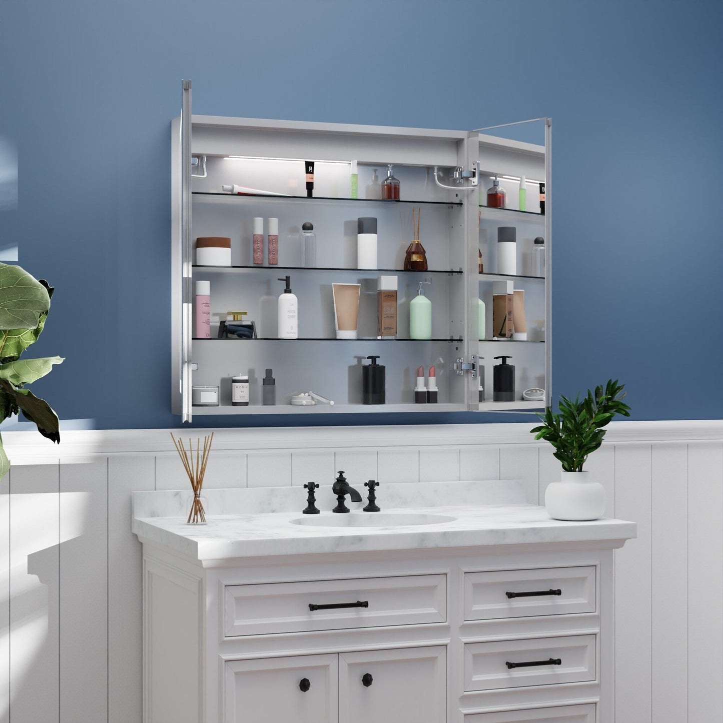 ExBrite 32-in x 30-in Lighted LED Fog Free Surface/Recessed Mount Silver Mirrored Soft Close Medicine Cabinet with Outlet