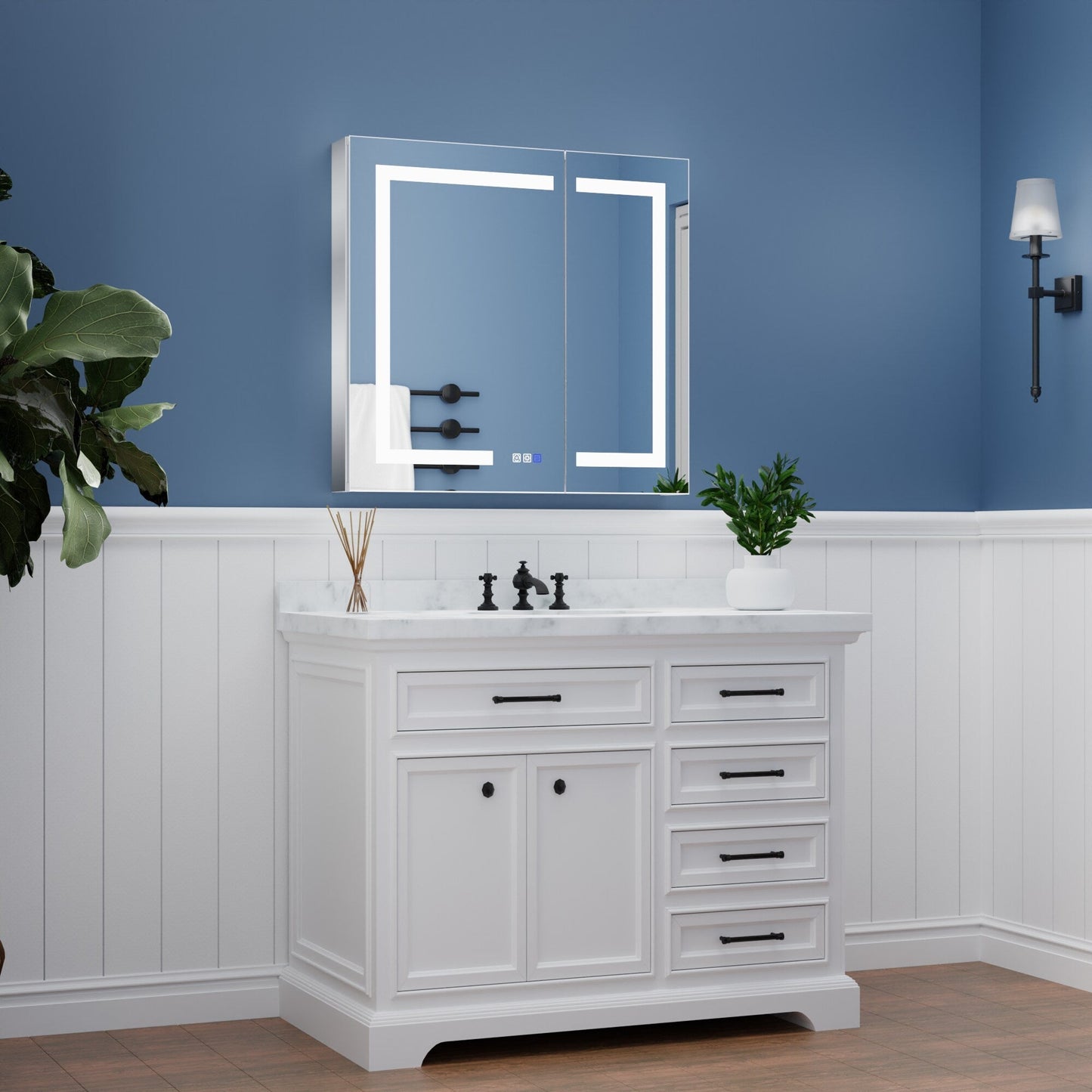 ExBrite 32-in x 30-in Lighted LED Fog Free Surface/Recessed Mount Silver Mirrored Soft Close Medicine Cabinet with Outlet