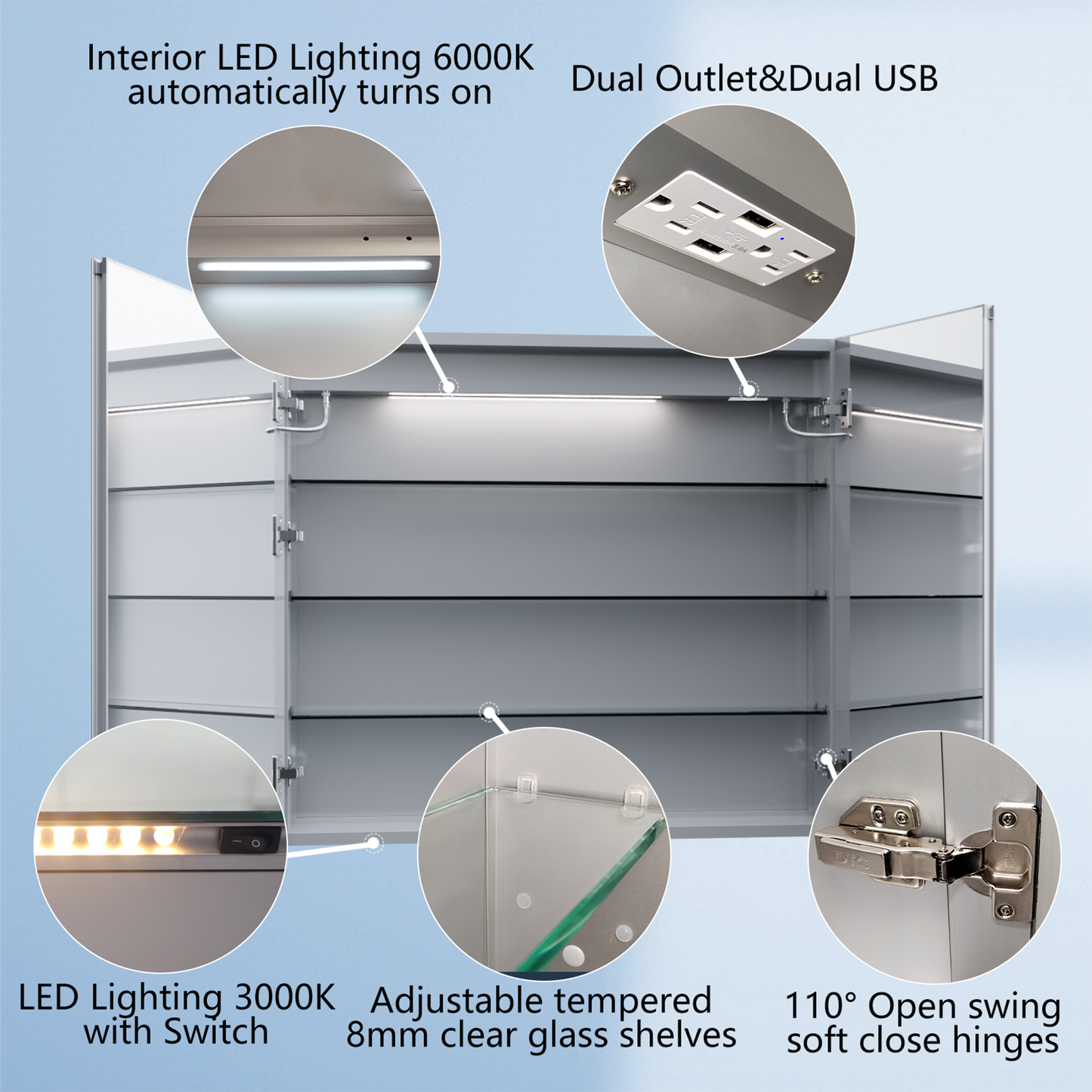 ExBrite 36-in x 32-in Lighted LED Fog Free Surface/Recessed Mount Silver Mirrored Soft Close Medicine Cabinet with Outlet