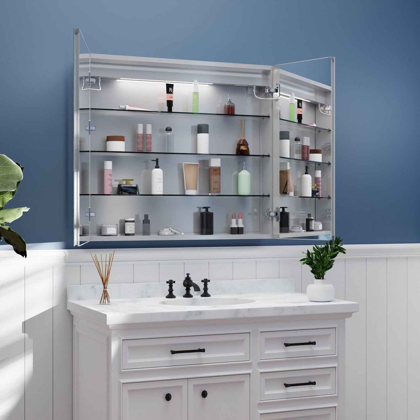 ExBrite 36-in x 32-in Lighted LED Fog Free Surface/Recessed Mount Silver Mirrored Soft Close Medicine Cabinet with Outlet