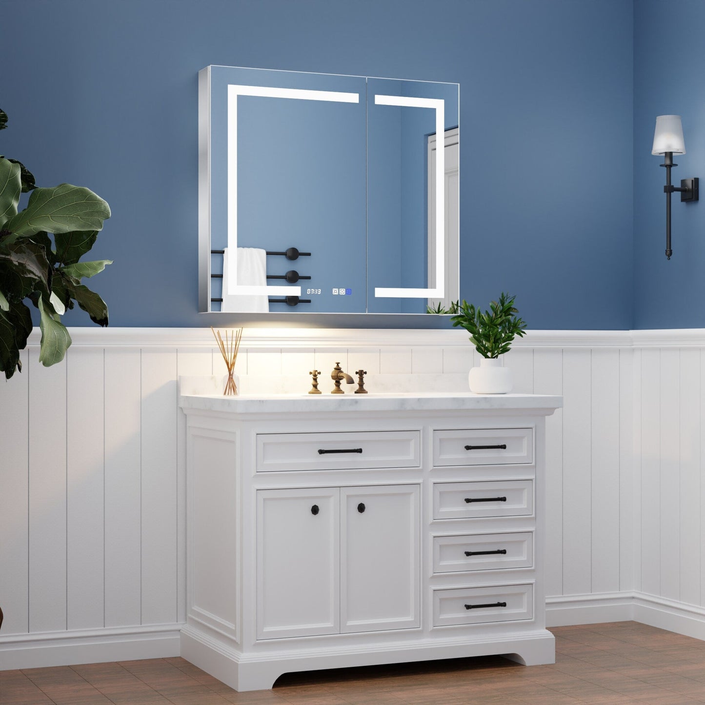 ExBrite 36-in x 32-in Lighted LED Fog Free Surface/Recessed Mount Silver Mirrored Soft Close Medicine Cabinet with Outlet
