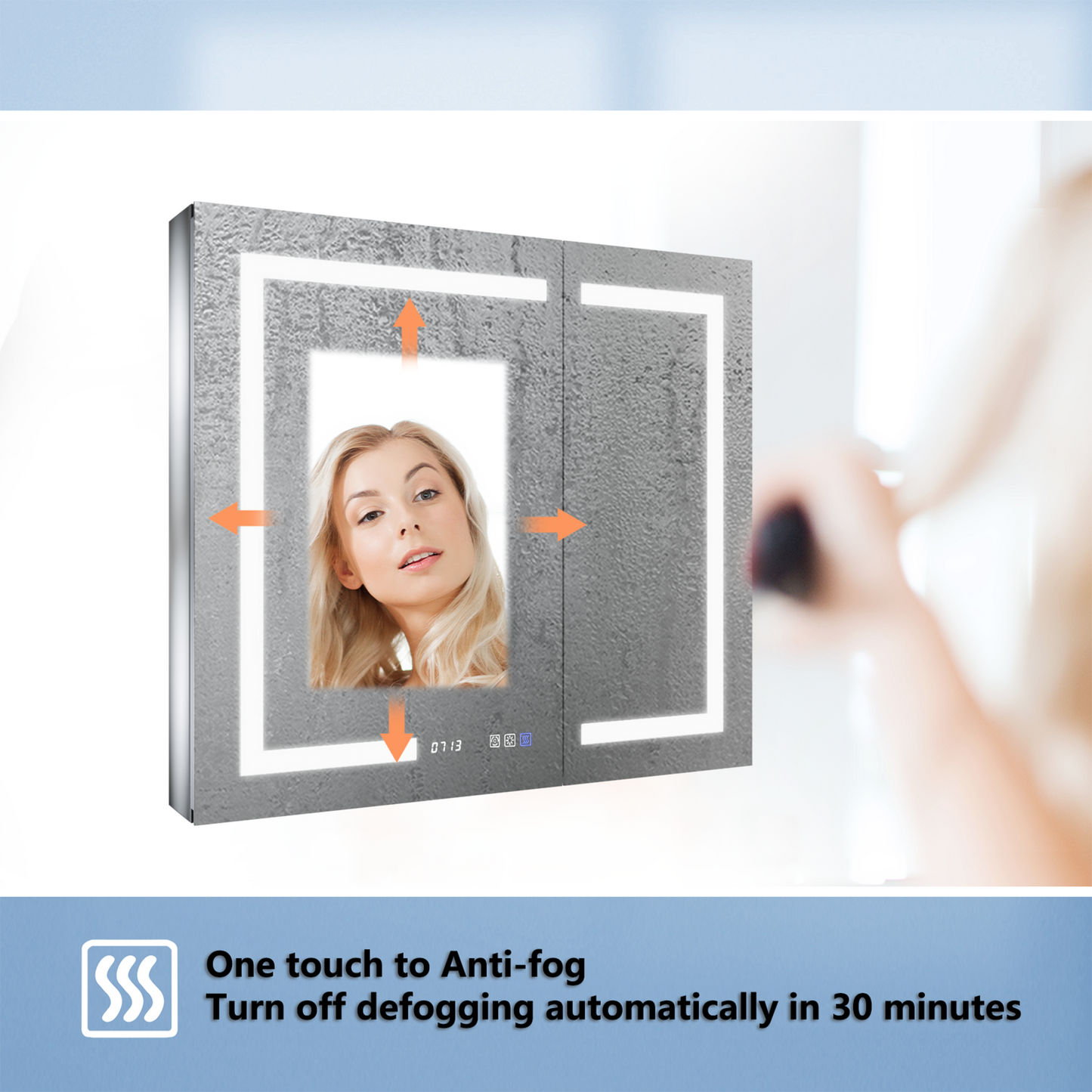 ExBrite 36-in x 32-in Lighted LED Fog Free Surface/Recessed Mount Silver Mirrored Soft Close Medicine Cabinet with Outlet