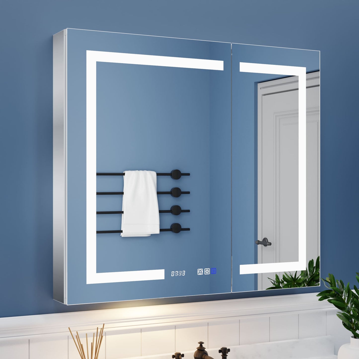 ExBrite 36-in x 32-in Lighted LED Fog Free Surface/Recessed Mount Silver Mirrored Soft Close Medicine Cabinet with Outlet