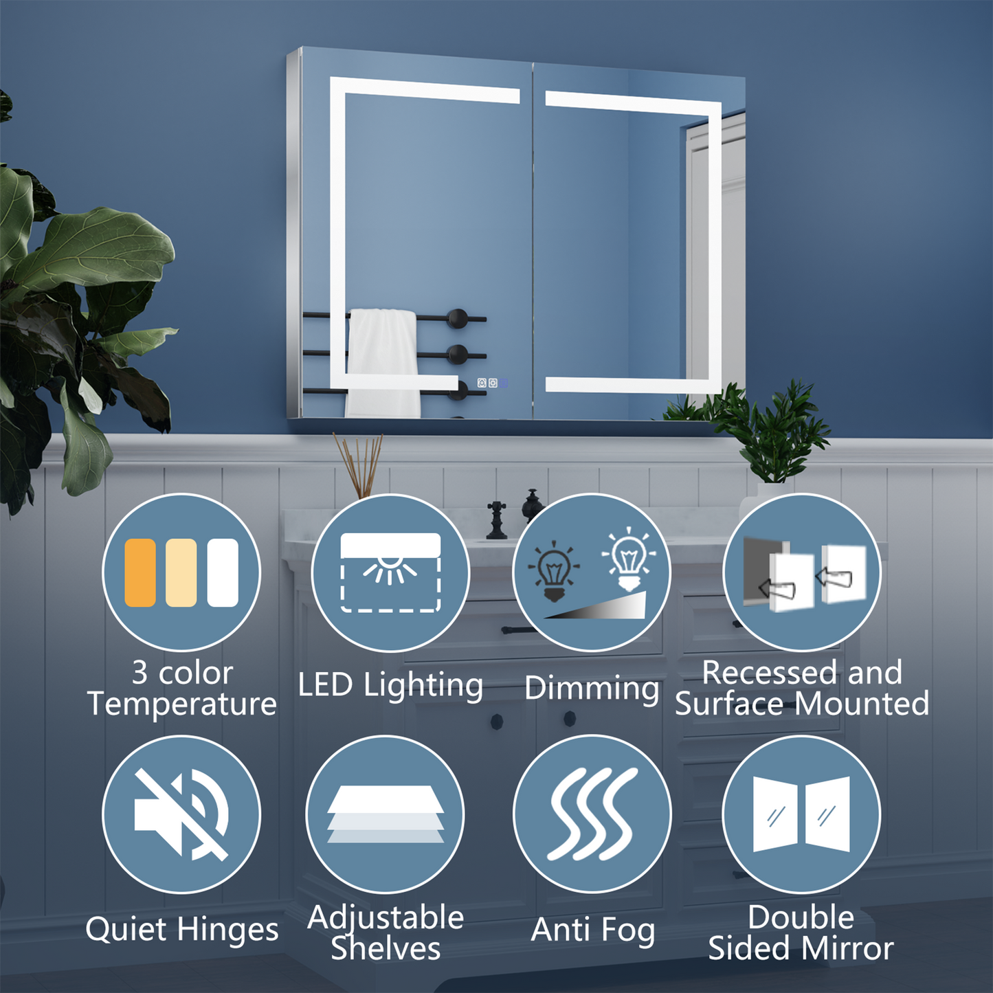 ExBrite 40-in x 30-in Lighted LED Fog Free Surface/Recessed Mount Silver Mirrored Soft Close Medicine Cabinet with Outlet