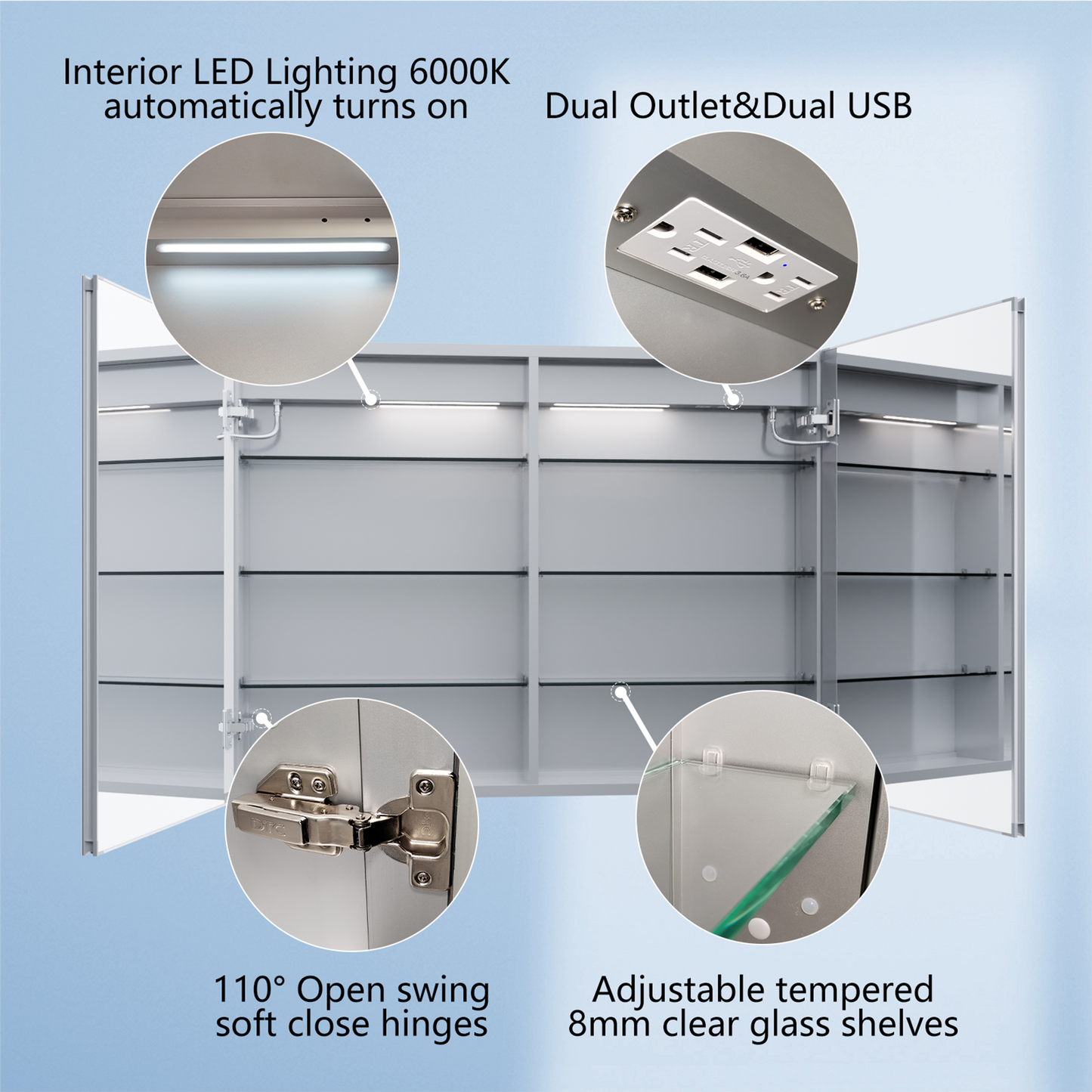 ExBrite 44-in x 30-in Lighted LED Fog Free Surface/Recessed Mount Silver Mirrored Soft Close Medicine Cabinet with Outlet