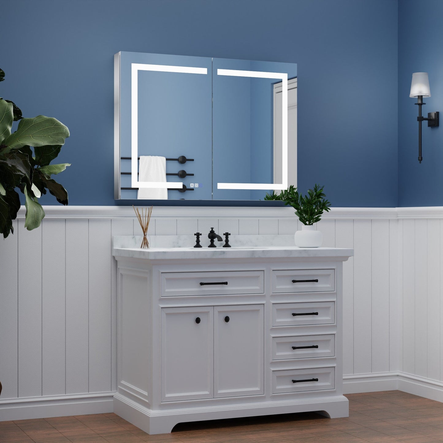 ExBrite 40-in x 30-in Lighted LED Fog Free Surface/Recessed Mount Silver Mirrored Soft Close Medicine Cabinet with Outlet