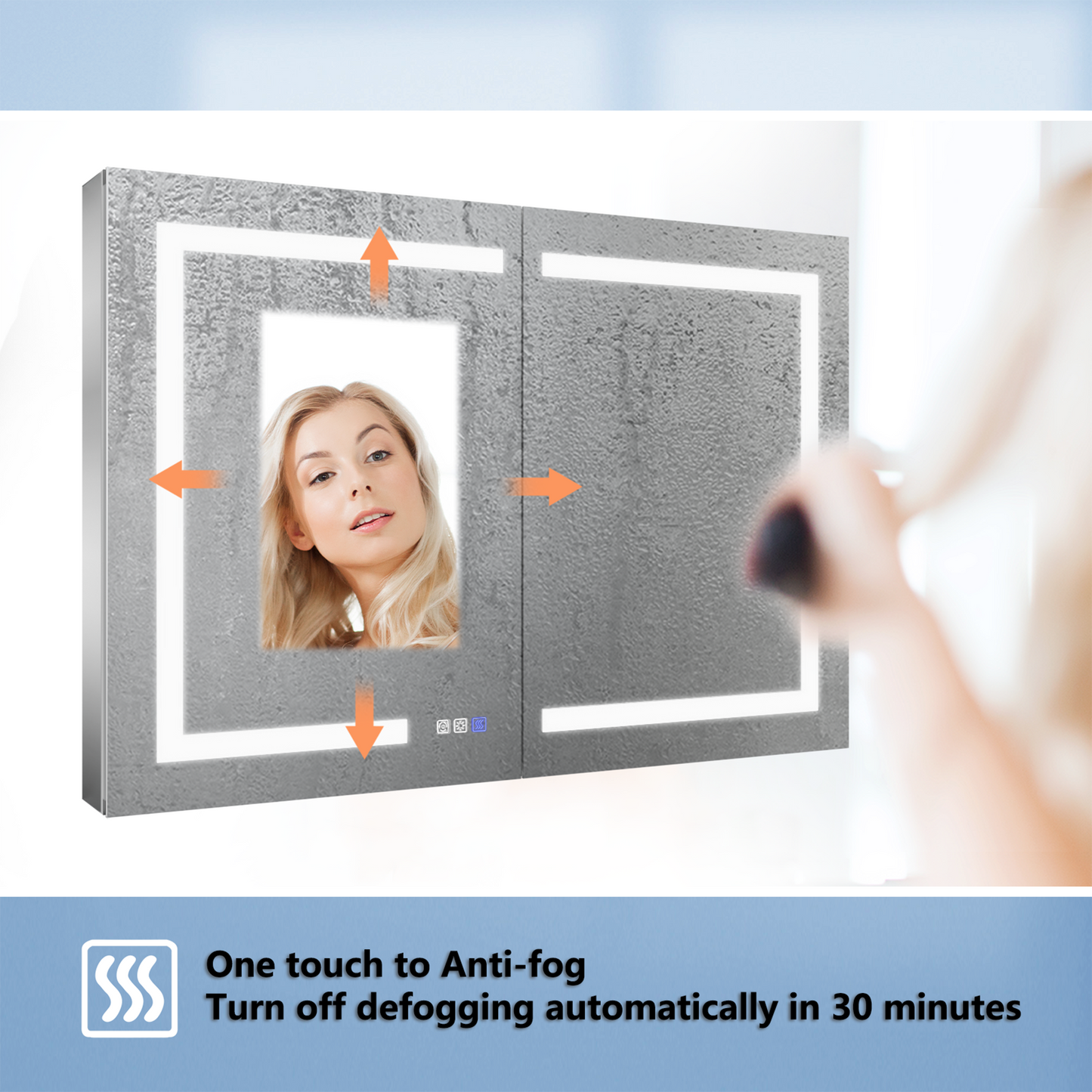 ExBrite 44-in x 30-in Lighted LED Fog Free Surface/Recessed Mount Silver Mirrored Soft Close Medicine Cabinet with Outlet