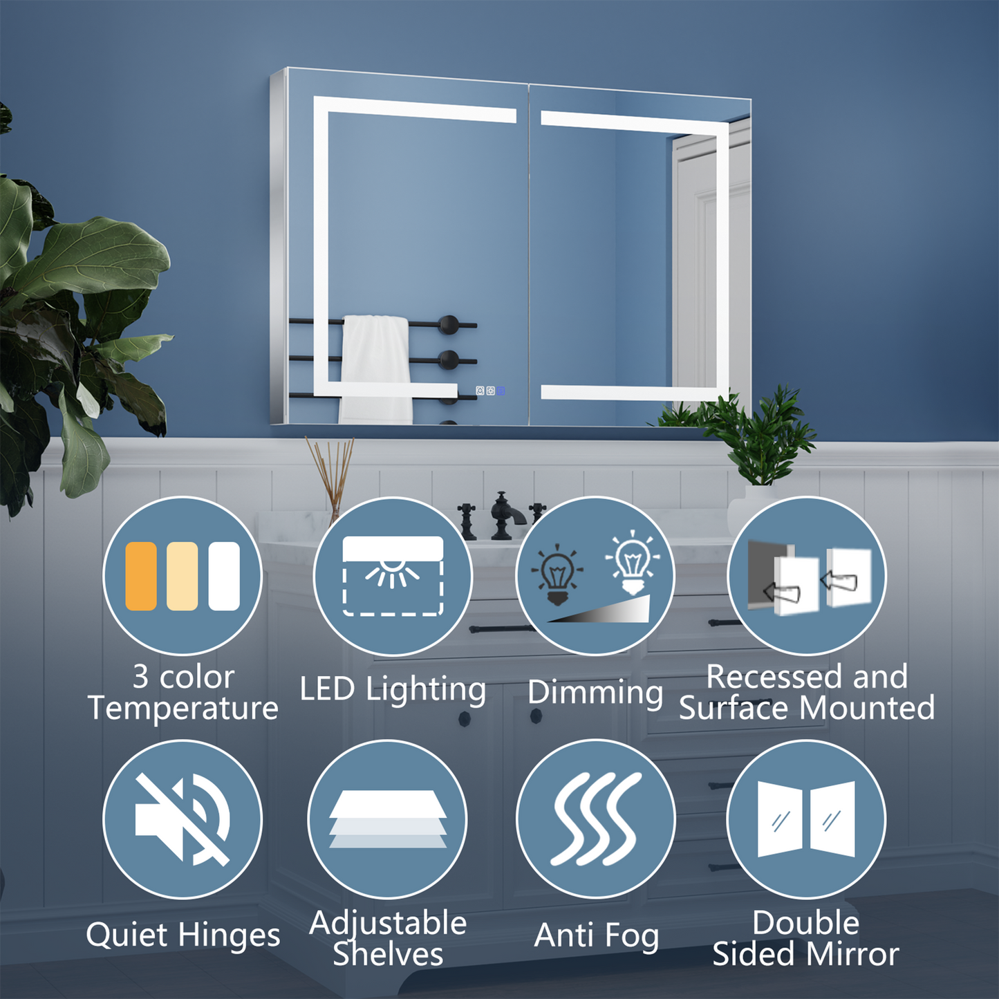 ExBrite 44-in x 30-in Lighted LED Fog Free Surface/Recessed Mount Silver Mirrored Soft Close Medicine Cabinet with Outlet