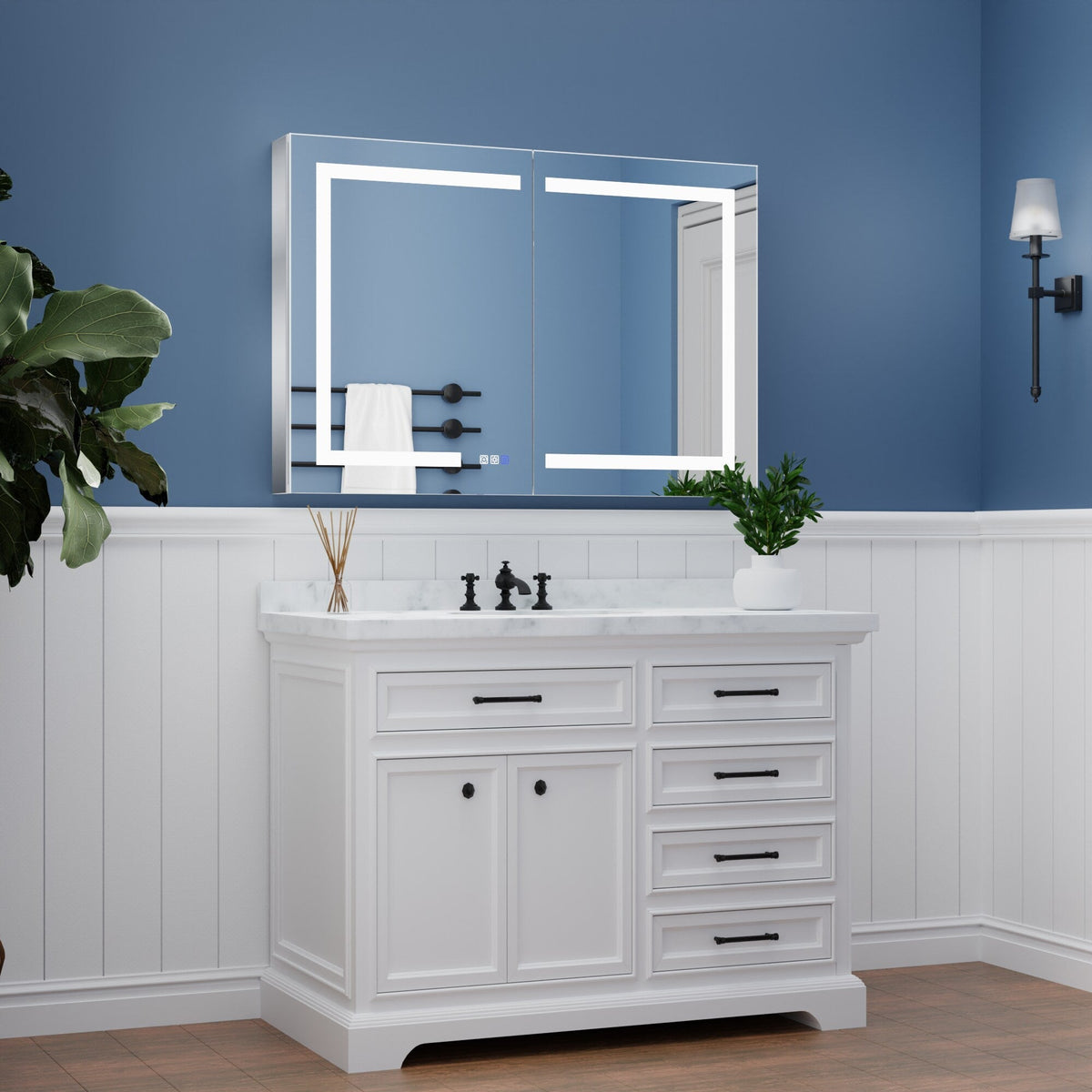 ExBrite 44-in x 30-in Lighted LED Fog Free Surface/Recessed Mount Silver Mirrored Soft Close Medicine Cabinet with Outlet
