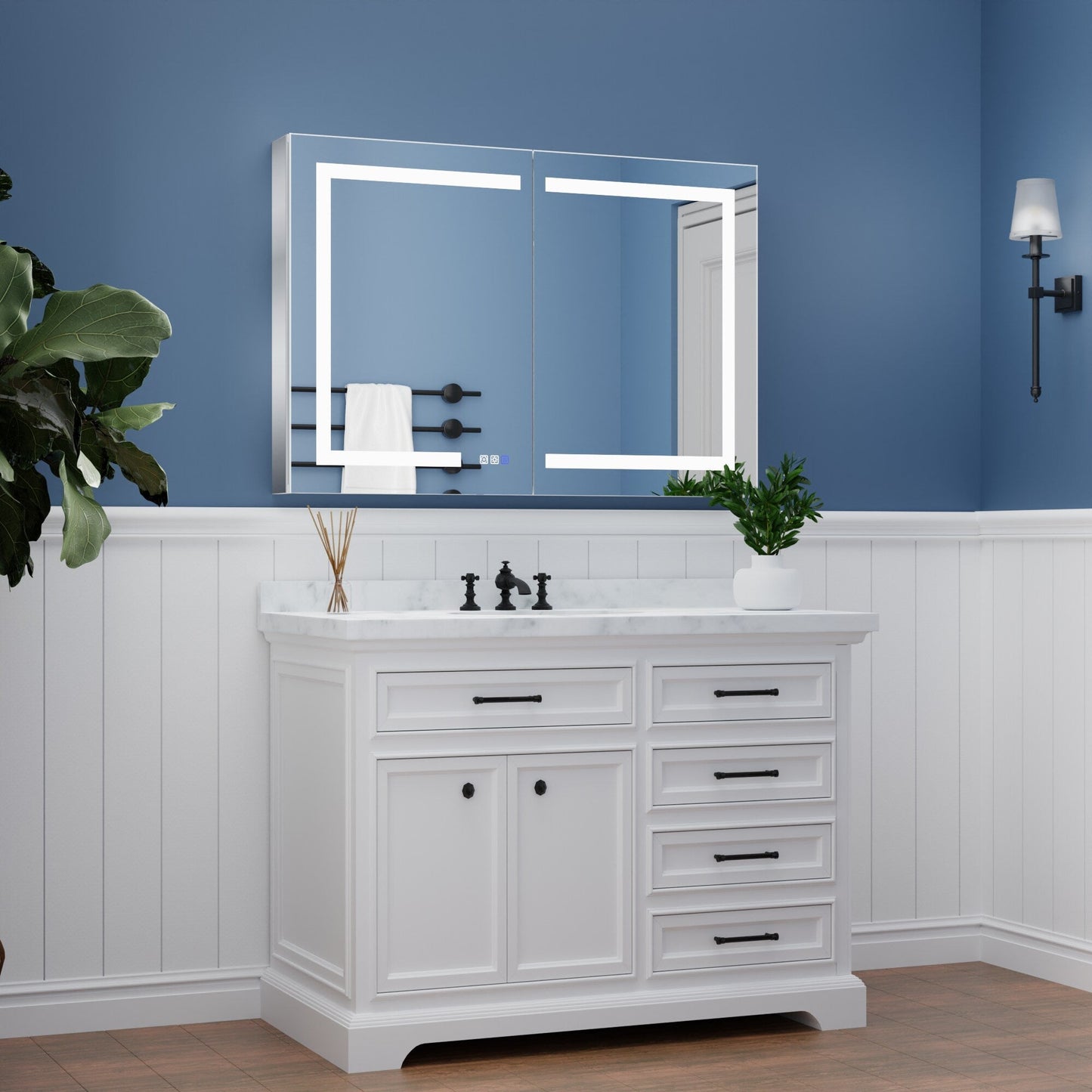 ExBrite 44-in x 30-in Lighted LED Fog Free Surface/Recessed Mount Silver Mirrored Soft Close Medicine Cabinet with Outlet