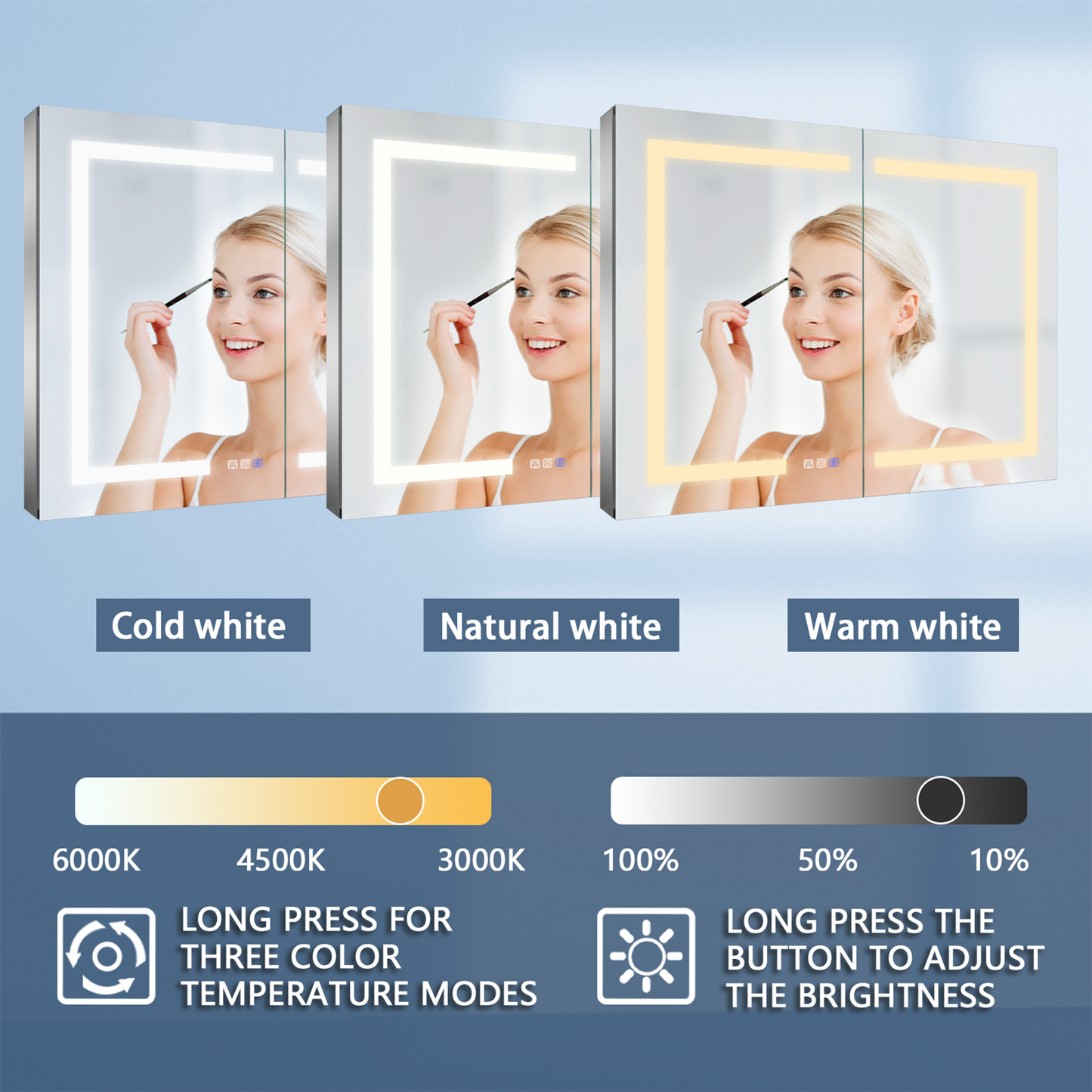 ExBrite 44-in x 30-in Lighted LED Fog Free Surface/Recessed Mount Silver Mirrored Soft Close Medicine Cabinet with Outlet