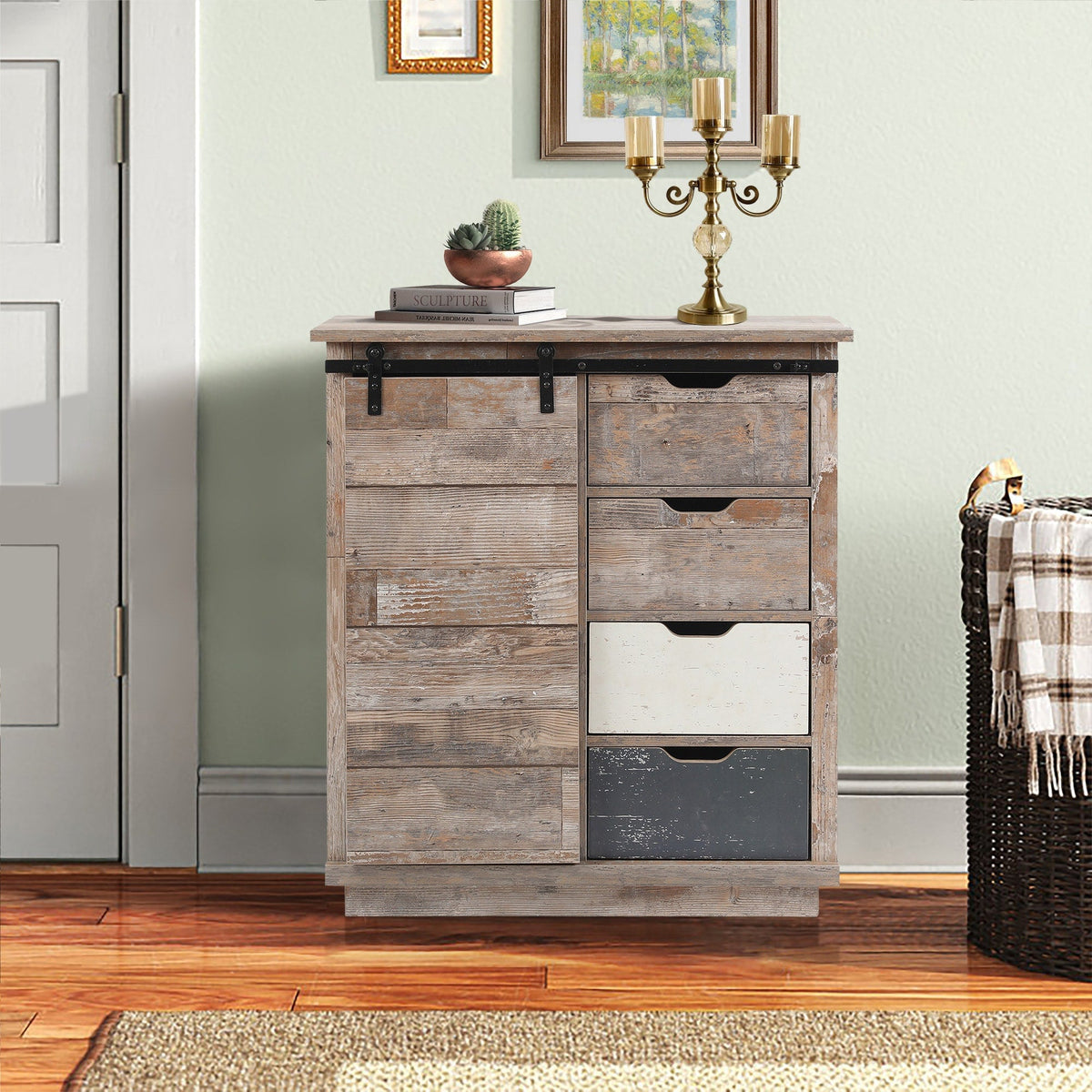 LuxenHome Rustic Wood, Distressed White, Distressed Blue Rustic Mdf Media Cabinet