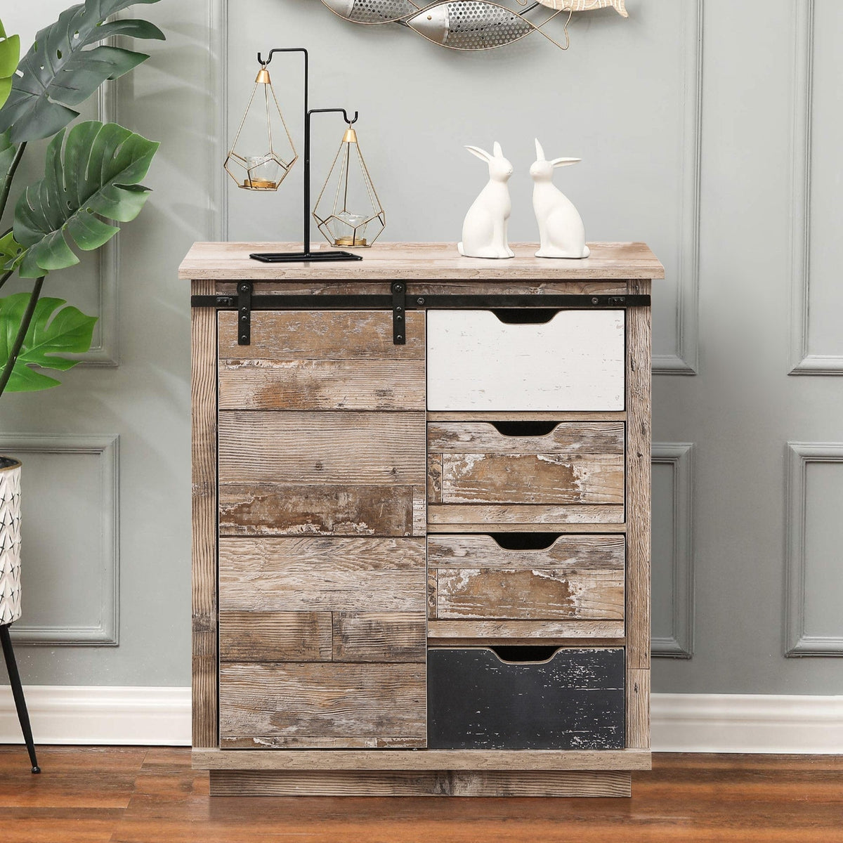 LuxenHome Rustic Wood, Distressed White, Distressed Blue Rustic Mdf Media Cabinet