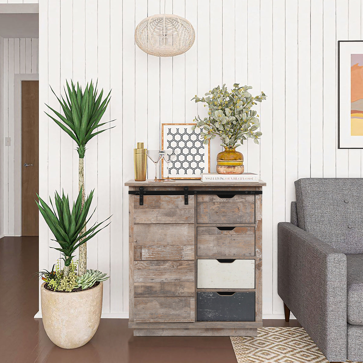 LuxenHome Rustic Wood, Distressed White, Distressed Blue Rustic Mdf Media Cabinet