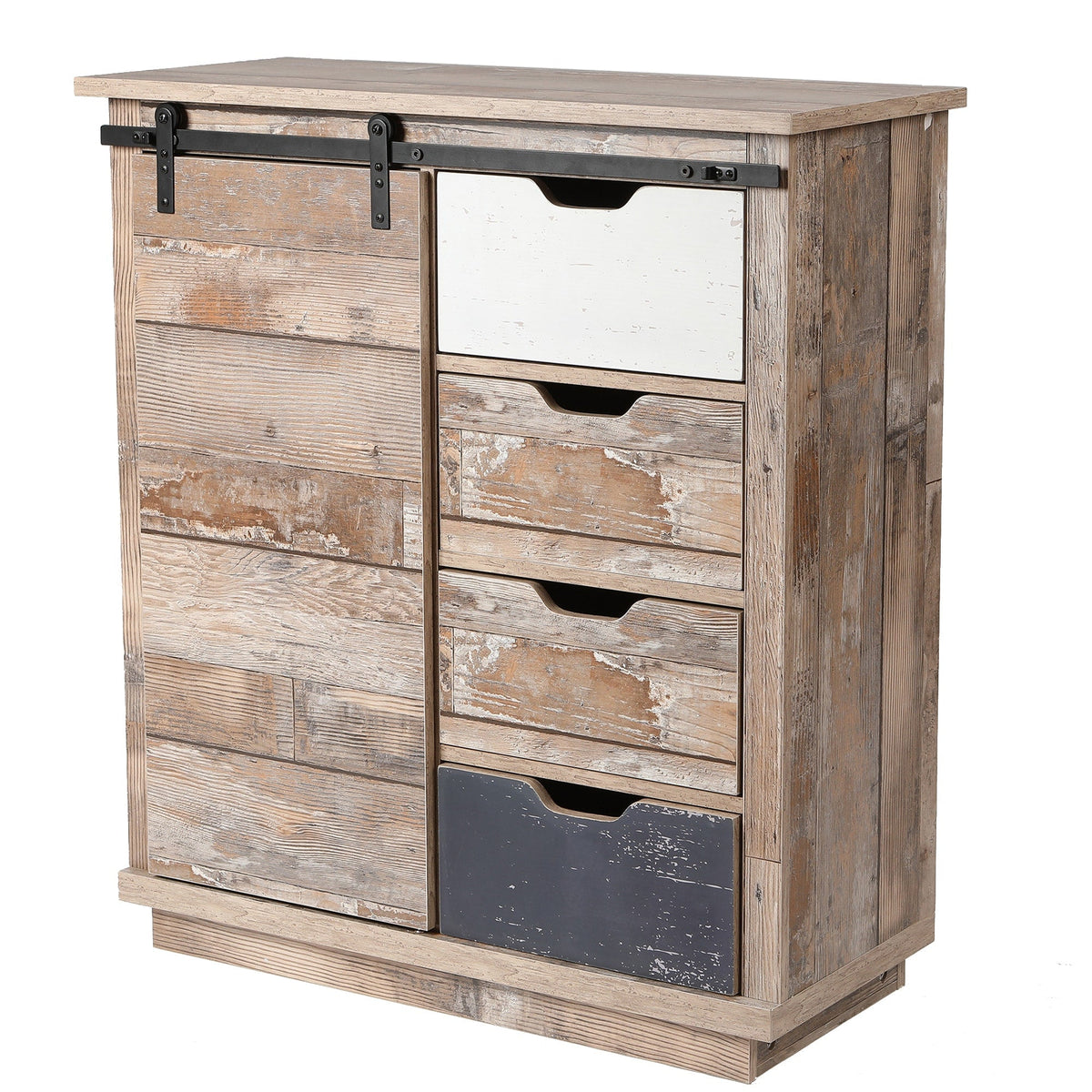 LuxenHome Rustic Wood, Distressed White, Distressed Blue Rustic Mdf Media Cabinet