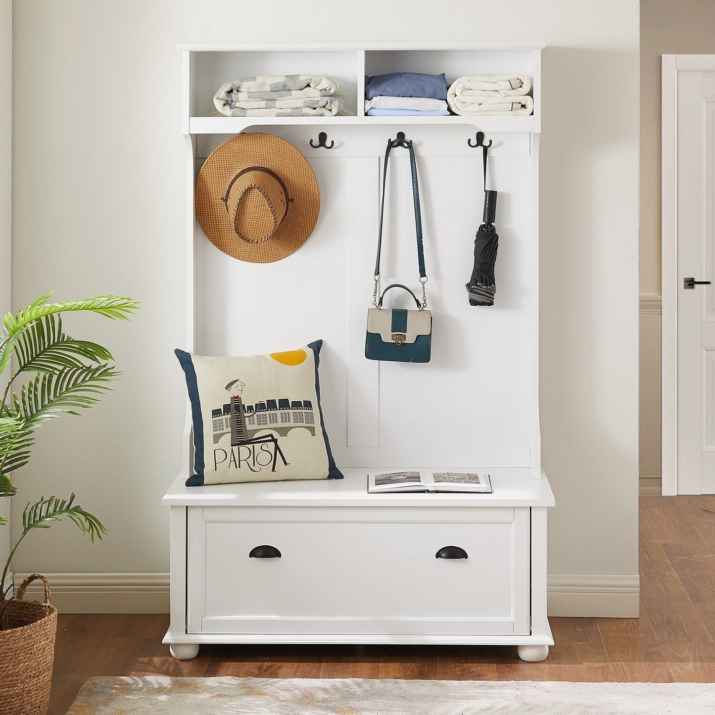 GZMR Contemporary White Hall Tree Entryway Bench with Open Shelves and Shoe Cabinets - Durable Construction - Modern Design