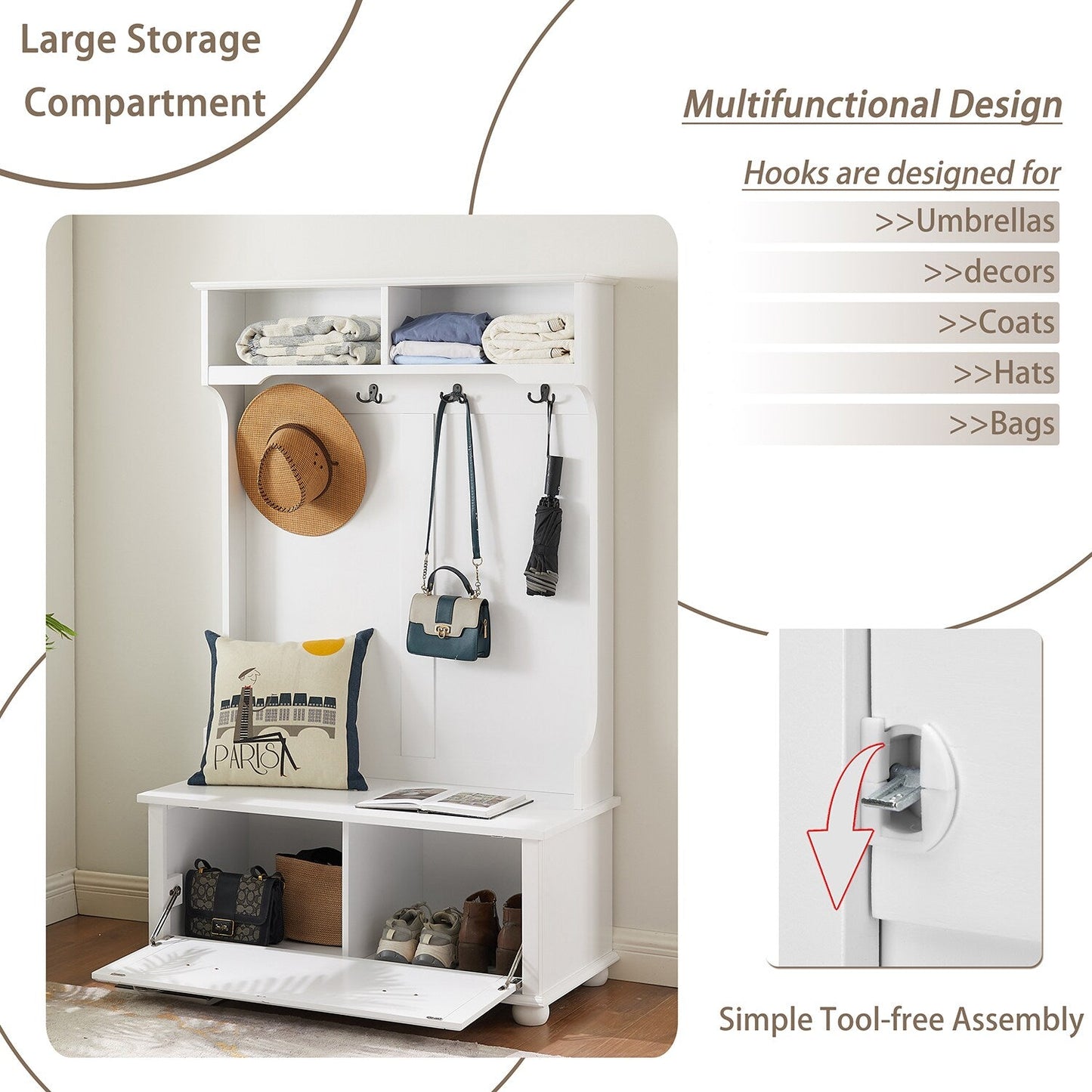 GZMR Contemporary White Hall Tree Entryway Bench with Open Shelves and Shoe Cabinets - Durable Construction - Modern Design