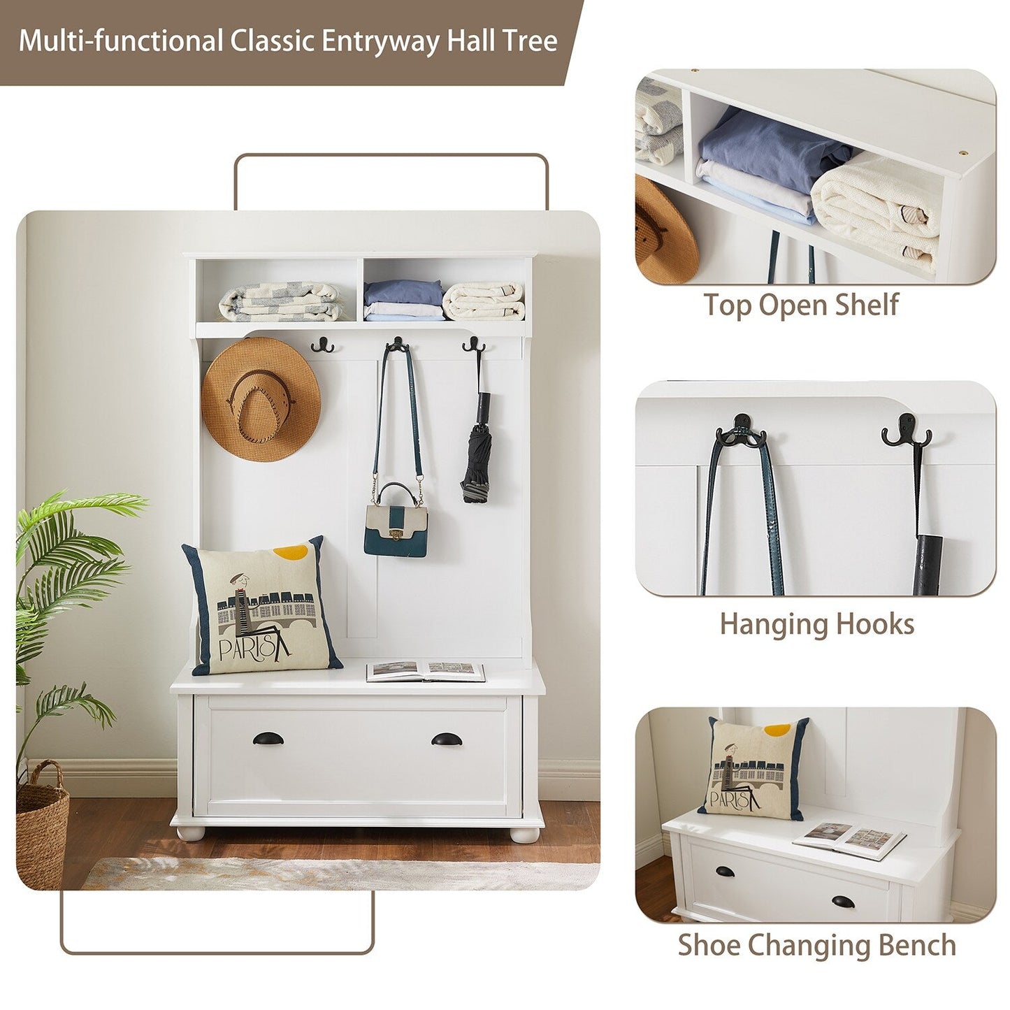 GZMR Contemporary White Hall Tree Entryway Bench with Open Shelves and Shoe Cabinets - Durable Construction - Modern Design