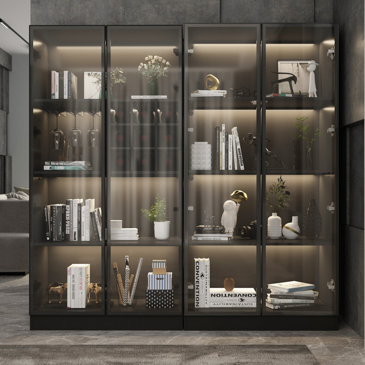FUFU&GAGA Contemporary/Modern Black Curio Cabinet with Wine Storage