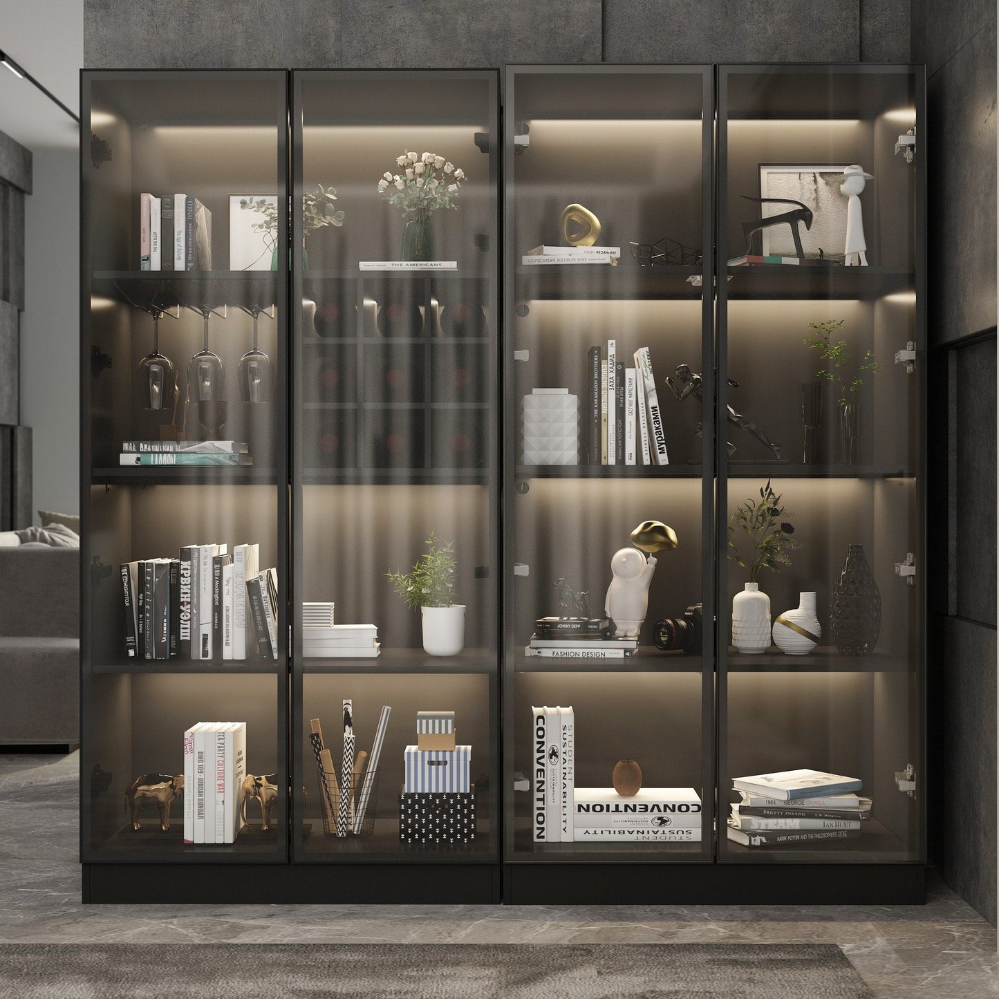 FUFU&GAGA Contemporary/Modern Black Curio Cabinet with Wine Storage