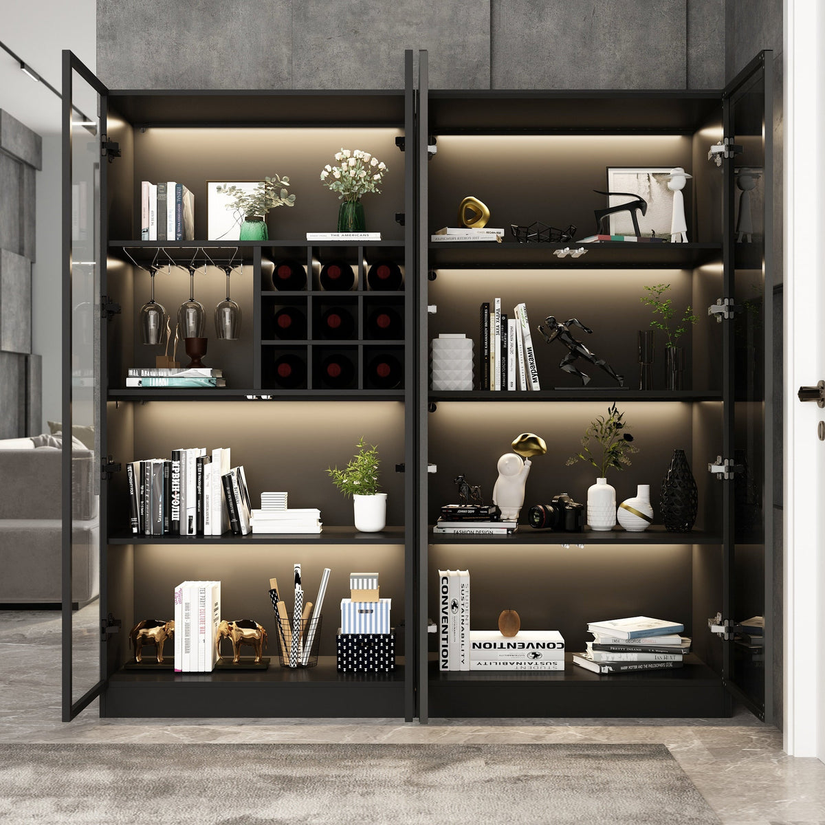 FUFU&GAGA Contemporary/Modern Black Curio Cabinet with Wine Storage