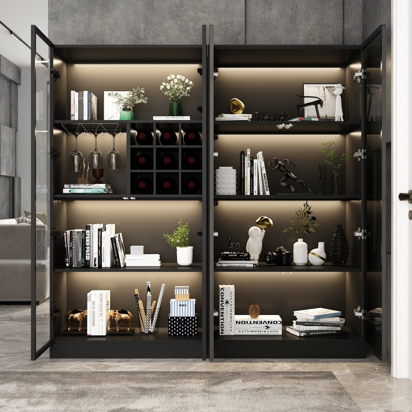 FUFU&GAGA Contemporary/Modern Black Curio Cabinet with Wine Storage