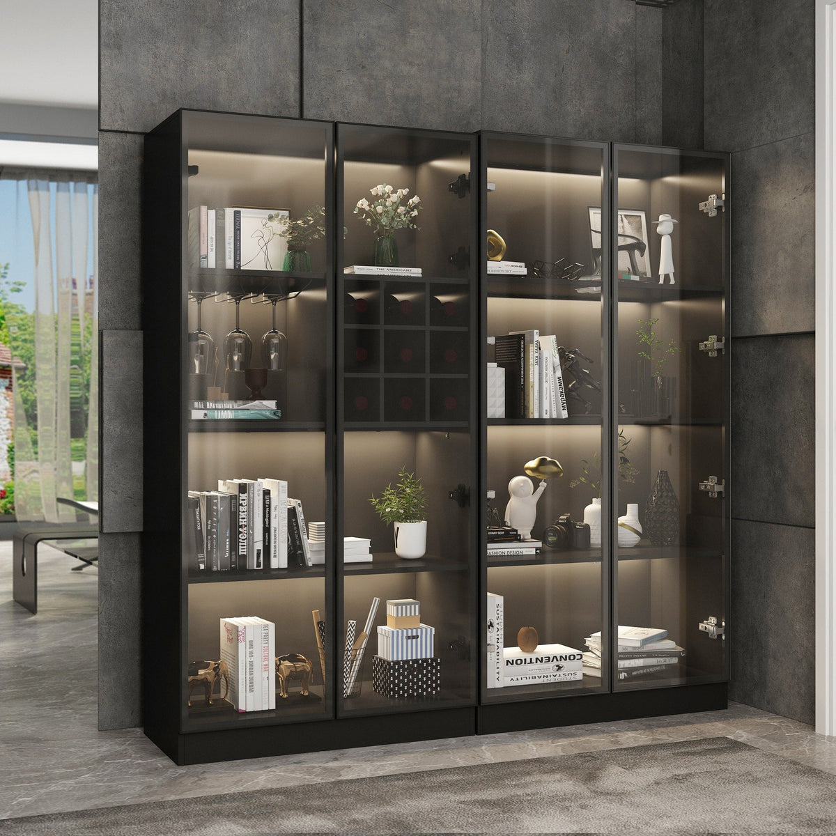 FUFU&GAGA Contemporary/Modern Black Curio Cabinet with Wine Storage