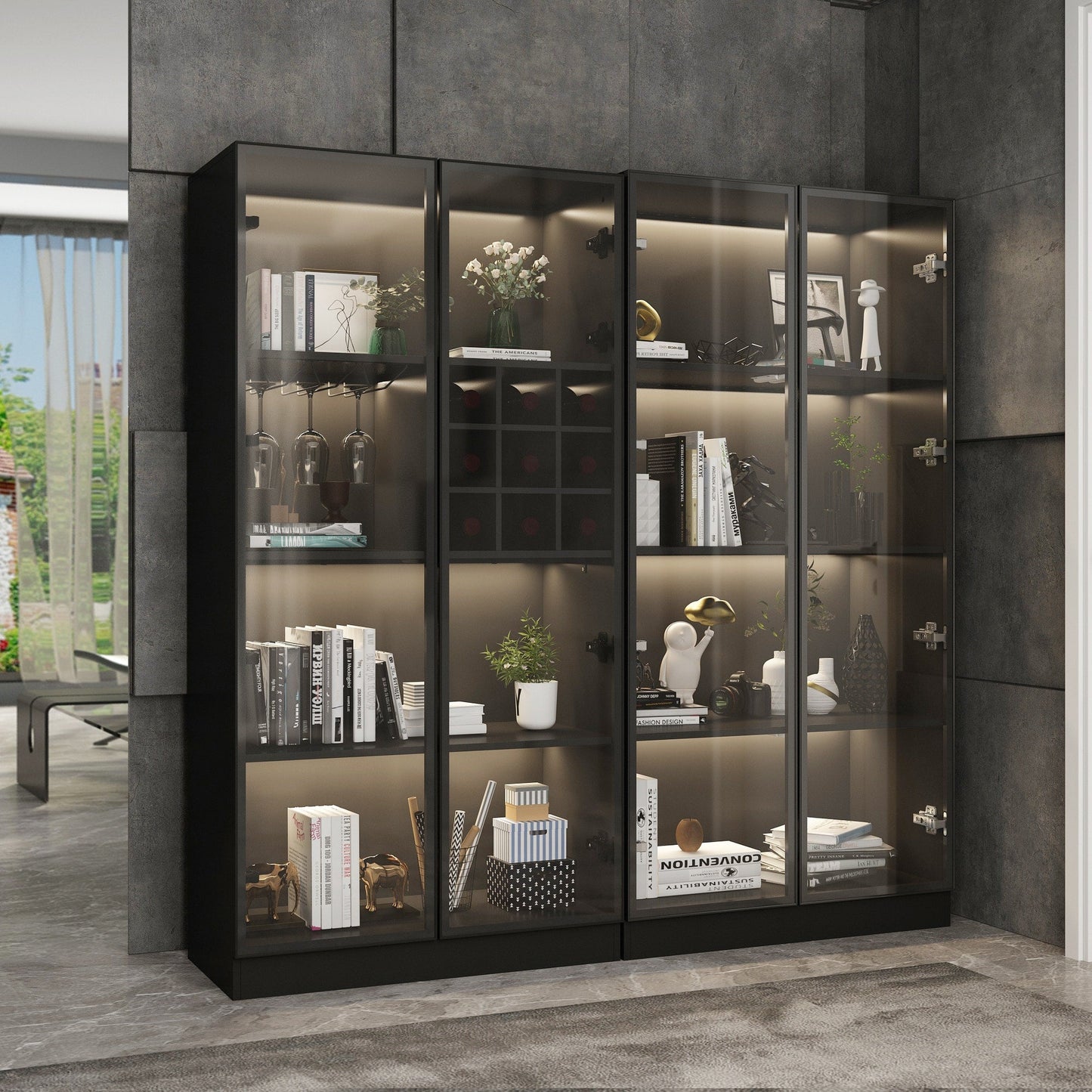 FUFU&GAGA Contemporary/Modern Black Curio Cabinet with Wine Storage
