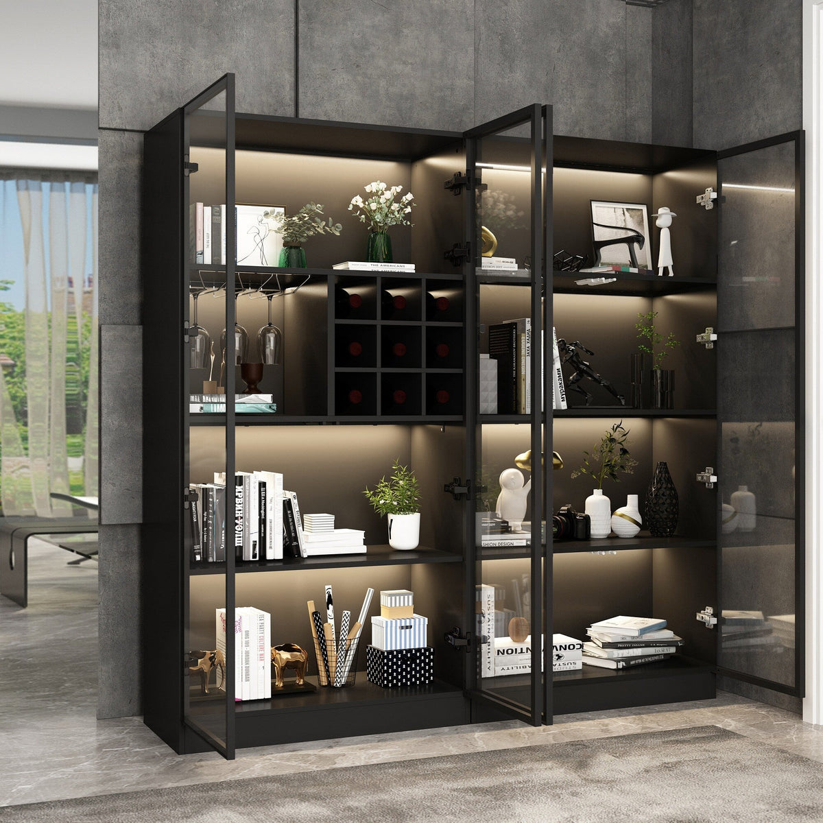 FUFU&GAGA Contemporary/Modern Black Curio Cabinet with Wine Storage