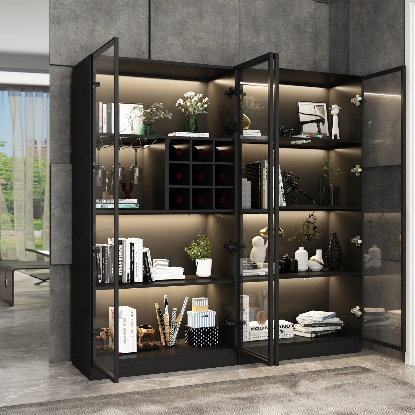 FUFU&GAGA Contemporary/Modern Black Curio Cabinet with Wine Storage