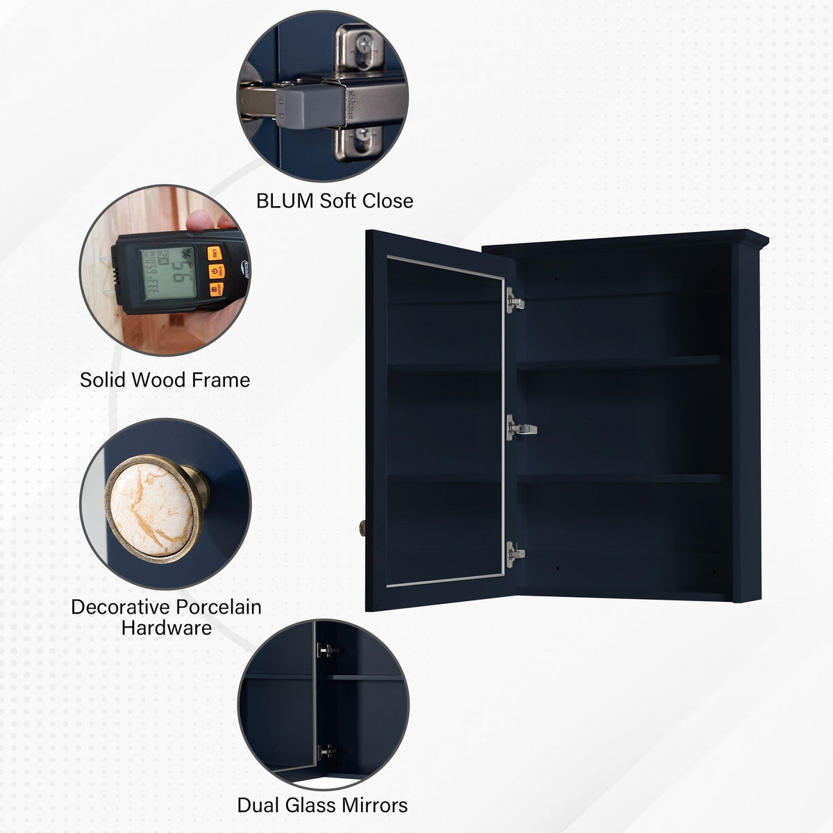 WELLFOR Solid Wood 24 x 30 Surface Mount Navy Blue Mirrored Soft Close Medicine Cabinet