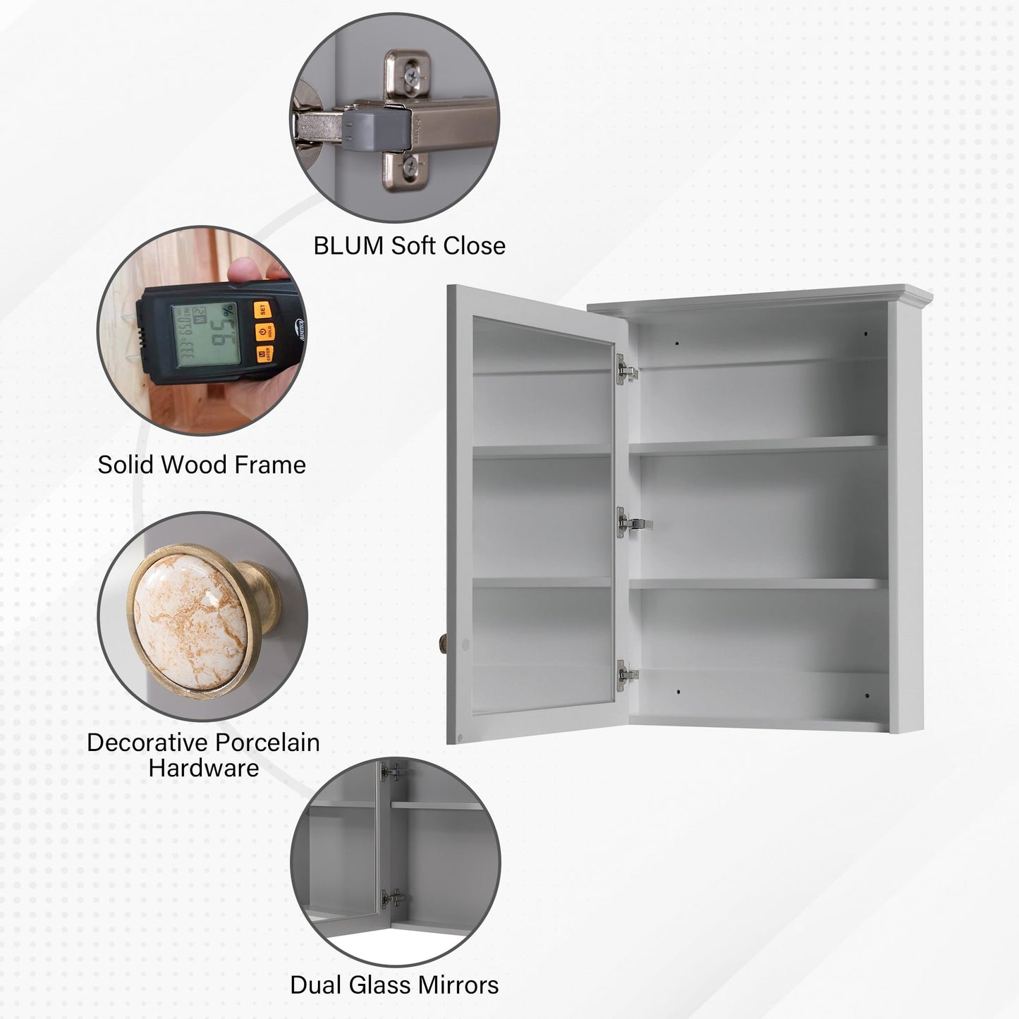 WELLFOR Solid Wood 24-in x 30-in Surface Mount Gray Mirrored Soft Close Medicine Cabinet