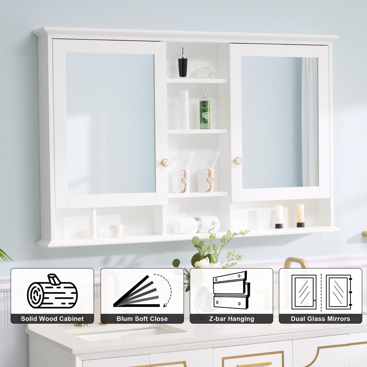 WELLFOR ART Solid Wood 55-in x 35-in Surface Mount White Mirrored Soft Close Medicine Cabinet