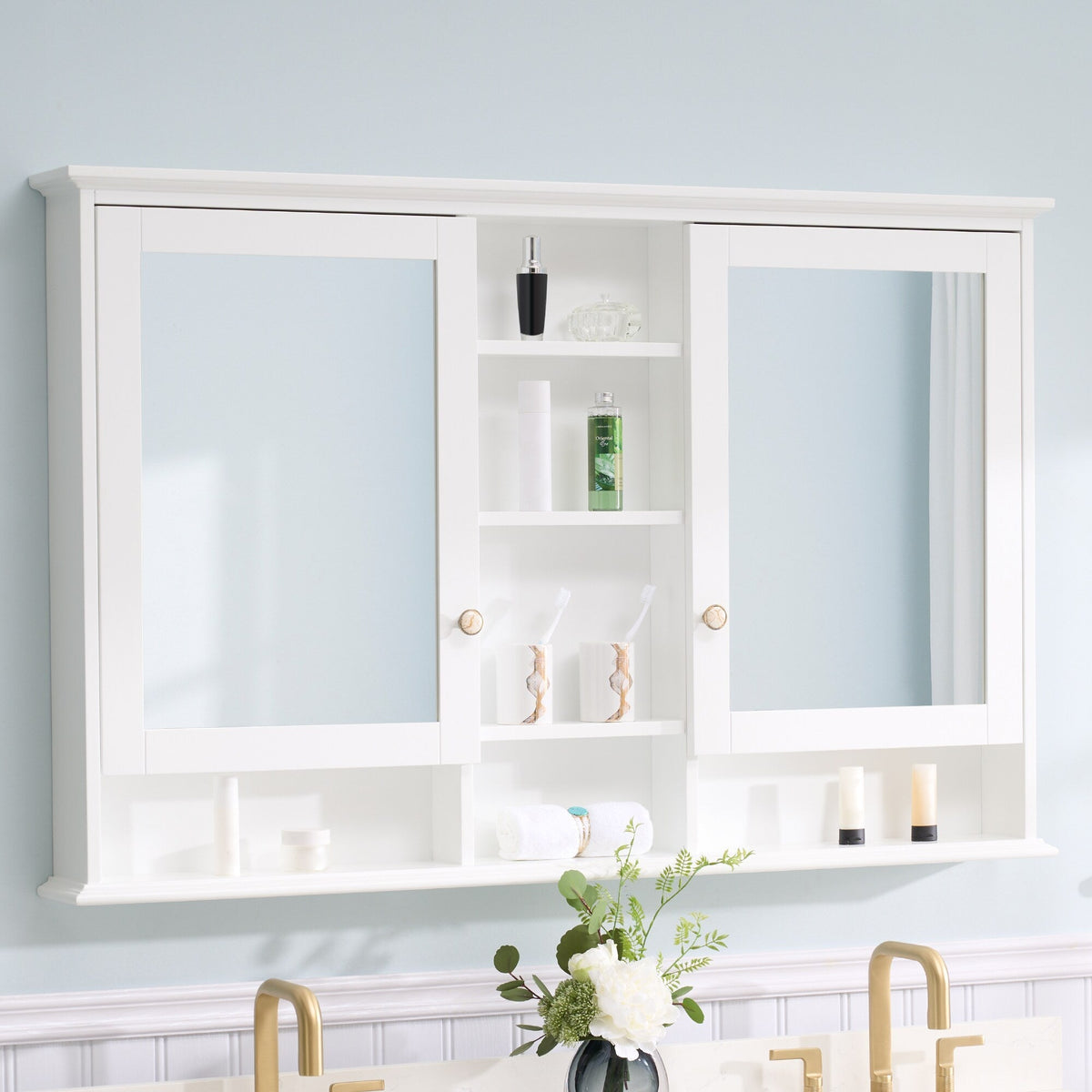 WELLFOR ART Solid Wood 55-in x 35-in Surface Mount White Mirrored Soft Close Medicine Cabinet