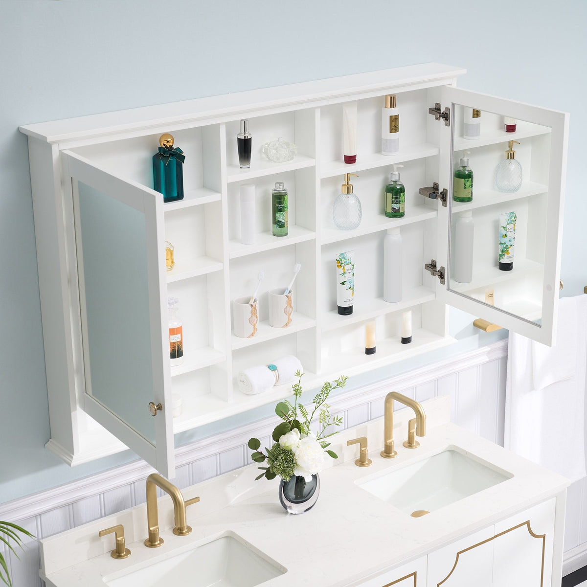 WELLFOR ART Solid Wood 55-in x 35-in Surface Mount White Mirrored Soft Close Medicine Cabinet