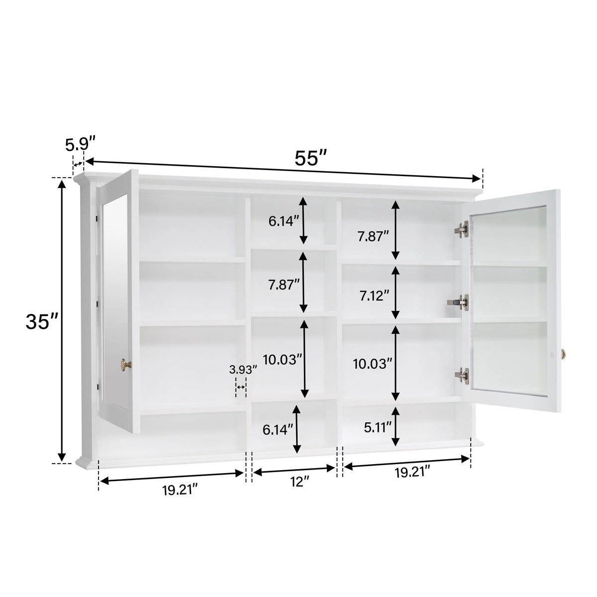 WELLFOR ART Solid Wood 55-in x 35-in Surface Mount White Mirrored Soft Close Medicine Cabinet