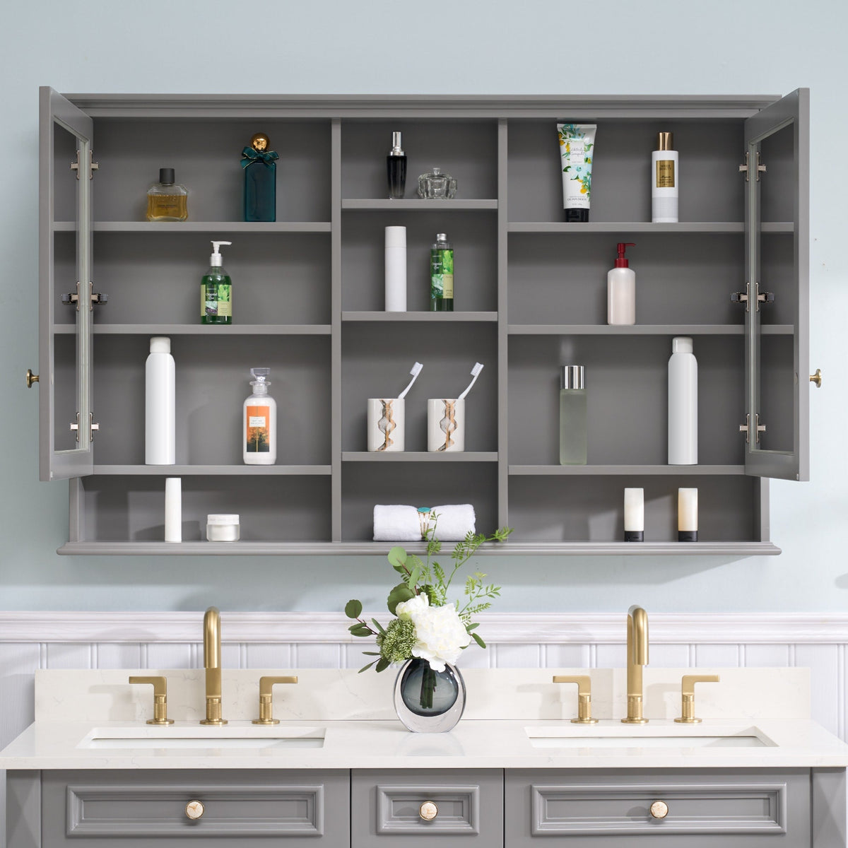 WELLFOR ART Solid Wood 55-in x 35-in Surface Mount Gray Mirrored Soft Close Medicine Cabinet