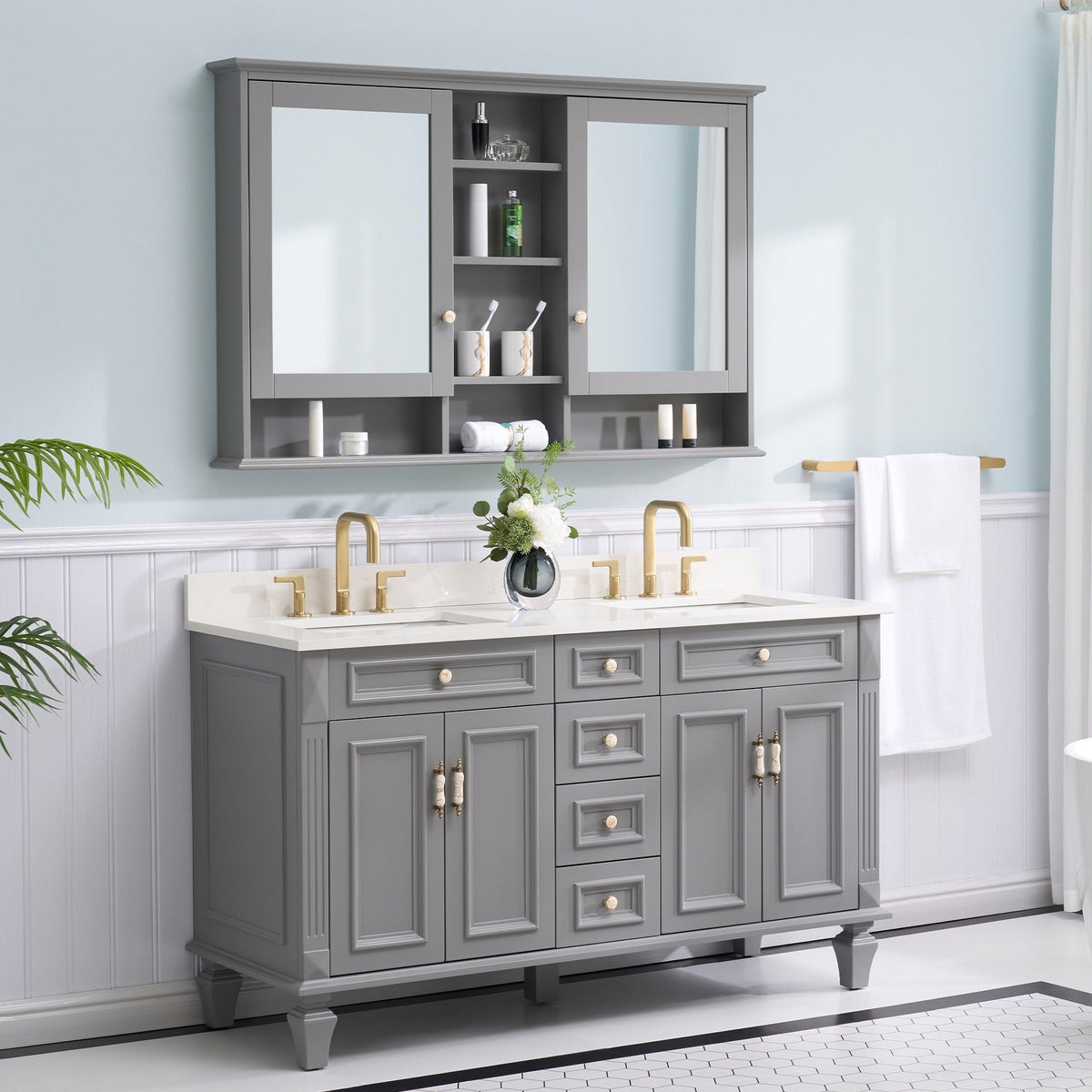 WELLFOR ART Solid Wood 55-in x 35-in Surface Mount Gray Mirrored Soft Close Medicine Cabinet