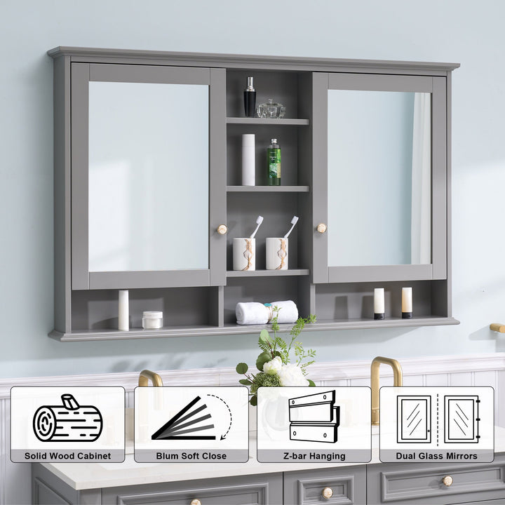 WELLFOR ART Solid Wood 55-in x 35-in Surface Mount Gray Mirrored Soft Close Medicine Cabinet