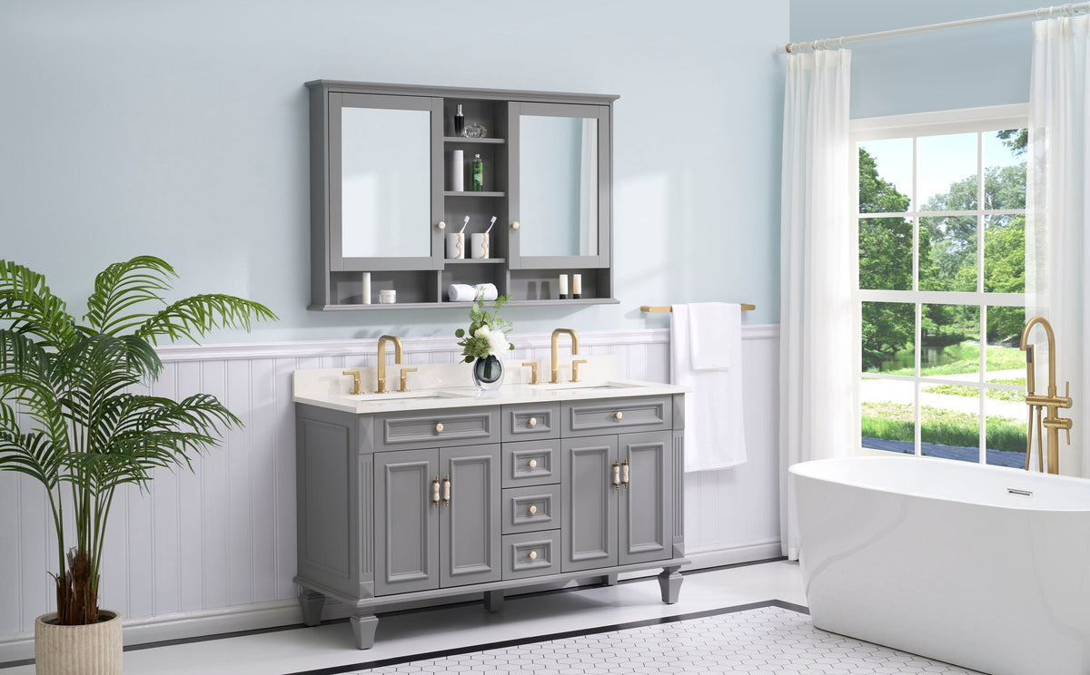WELLFOR ART Solid Wood 55-in x 35-in Surface Mount Gray Mirrored Soft Close Medicine Cabinet
