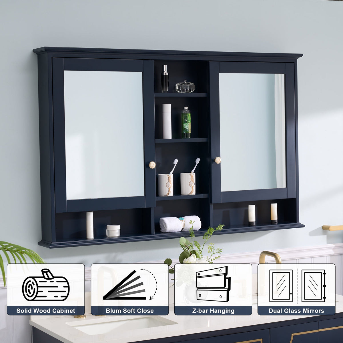 WELLFOR ART Solid Wood 55-in x 35-in Surface Mount Navy Blue Mirrored Soft Close Medicine Cabinet