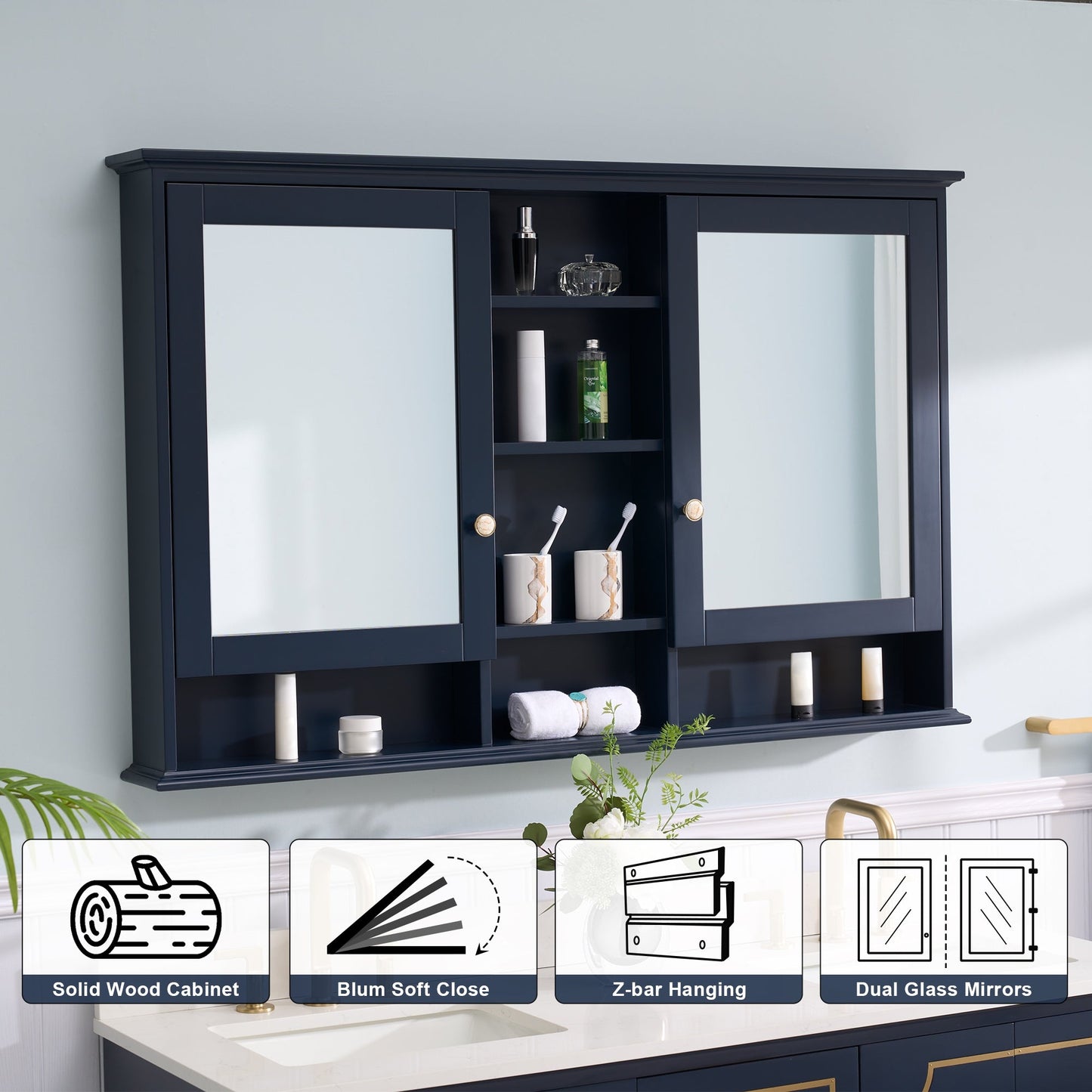 WELLFOR ART Solid Wood 55-in x 35-in Surface Mount Navy Blue Mirrored Soft Close Medicine Cabinet