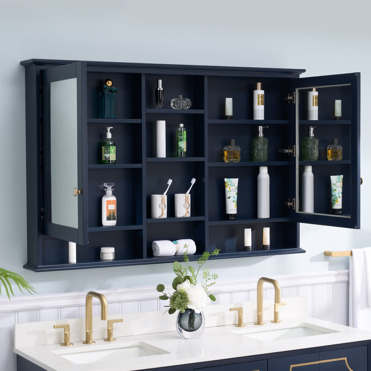 WELLFOR ART Solid Wood 55-in x 35-in Surface Mount Navy Blue Mirrored Soft Close Medicine Cabinet