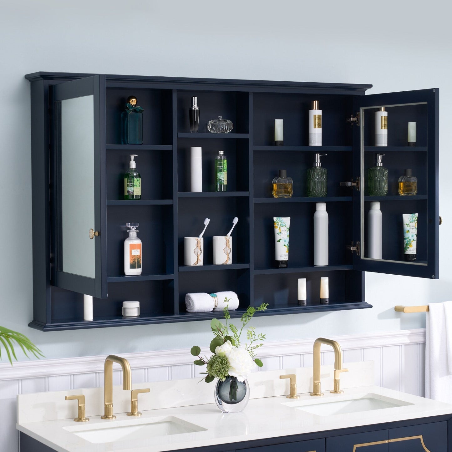 WELLFOR ART Solid Wood 55-in x 35-in Surface Mount Navy Blue Mirrored Soft Close Medicine Cabinet