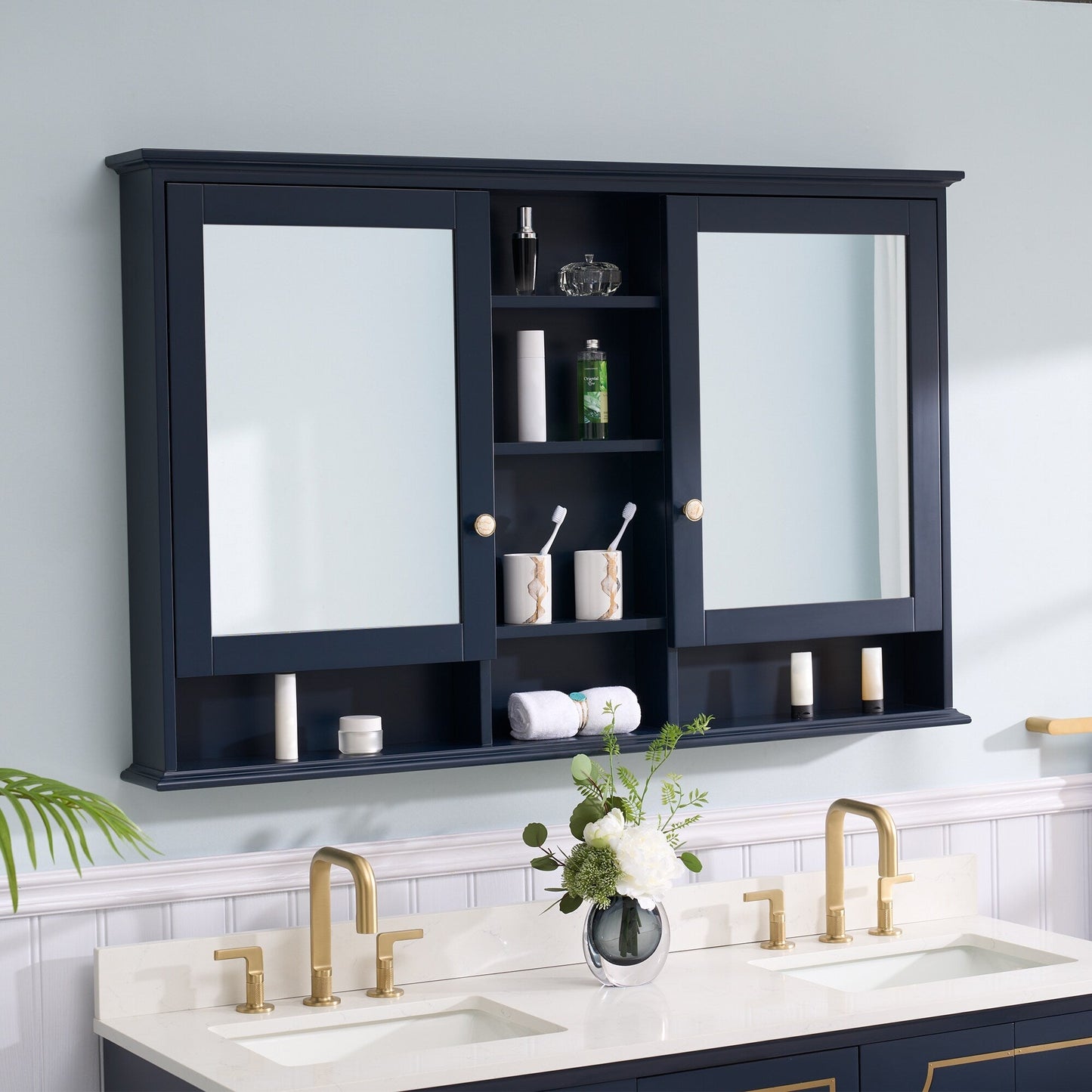 WELLFOR ART Solid Wood 55-in x 35-in Surface Mount Navy Blue Mirrored Soft Close Medicine Cabinet